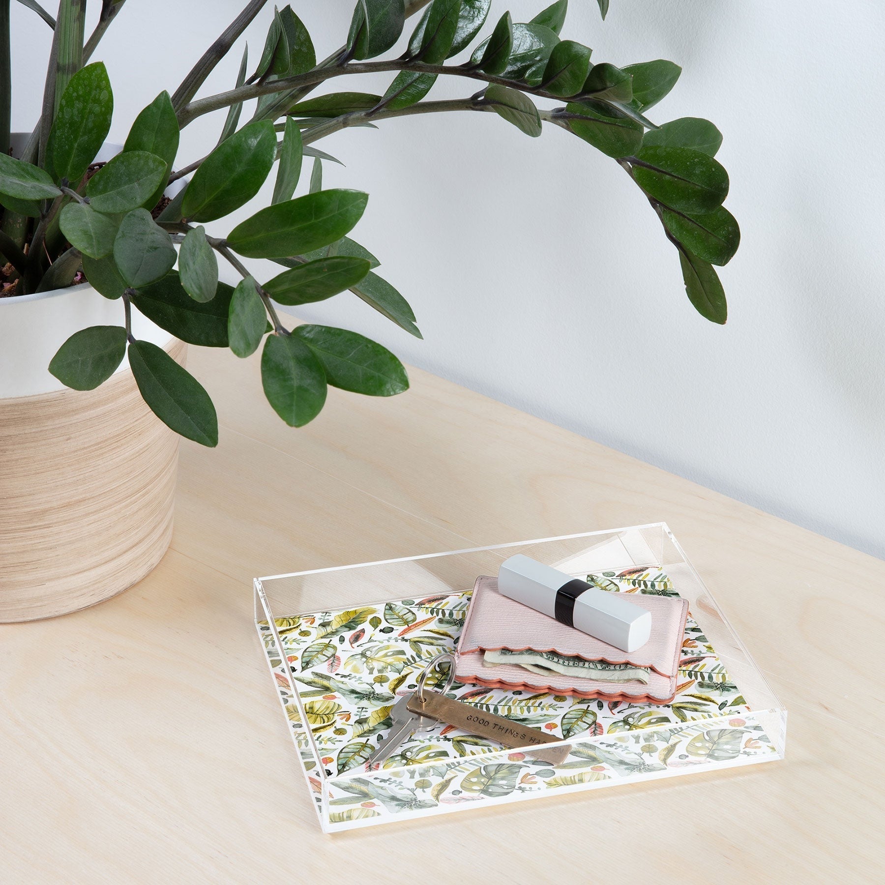 Ninola Design Botanic Retreat Tropical Jungle Leaves Botanical Green Orange Acrylic Tray
