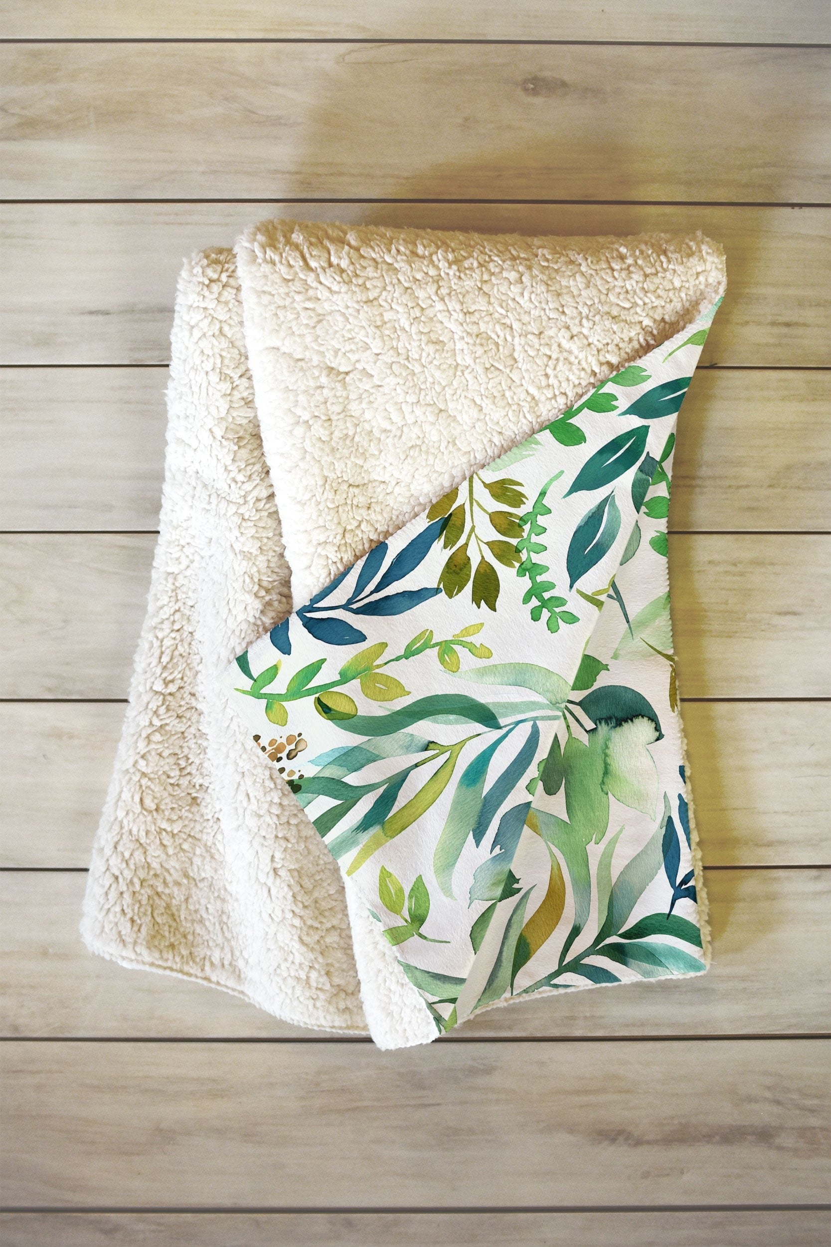 Ninola Design Botanic Retreat Loose Botanical Leaves Watercolor Green Fleece Throw Blanket