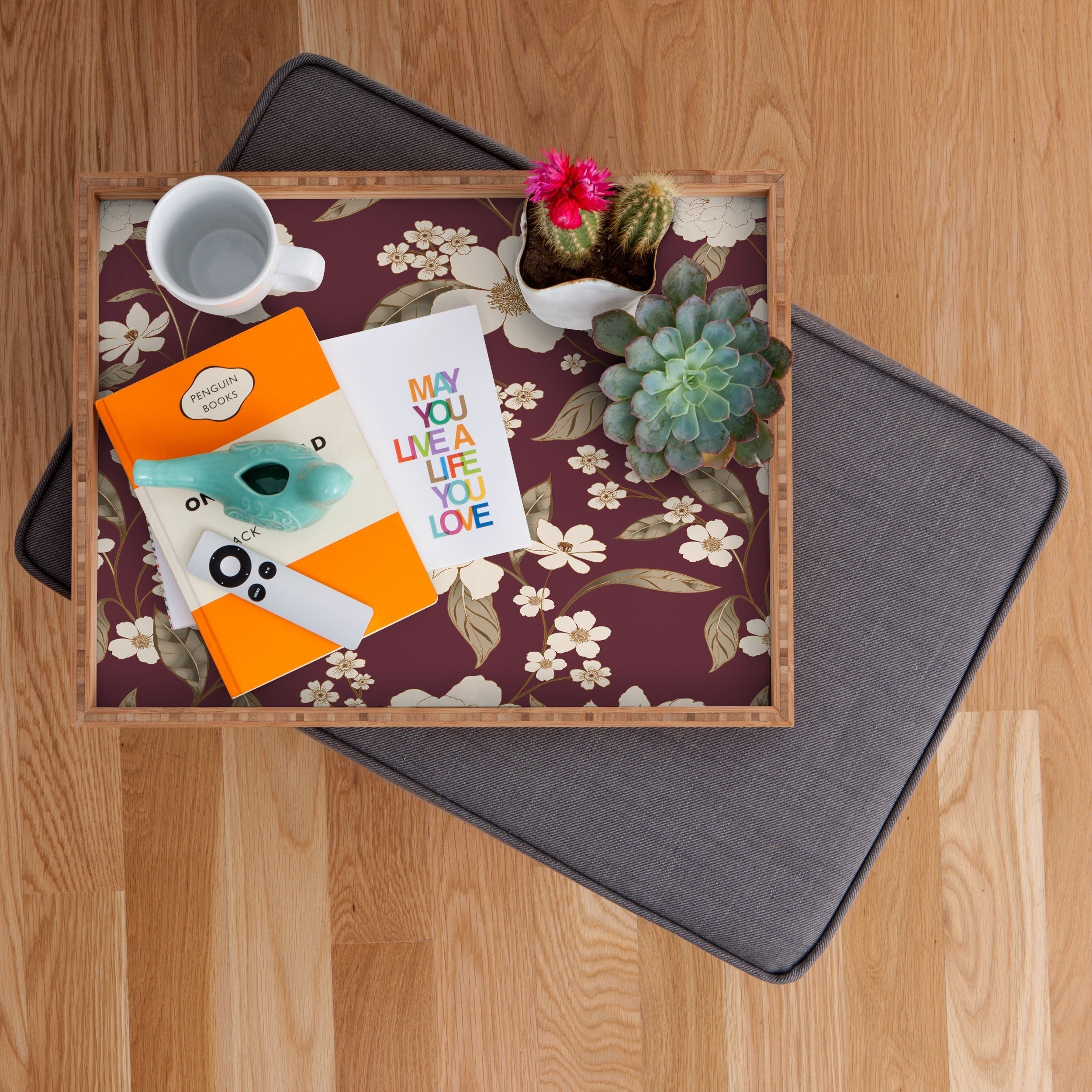 Gabriela Fuente Burgundy Floral Roberta Rectangular Tray