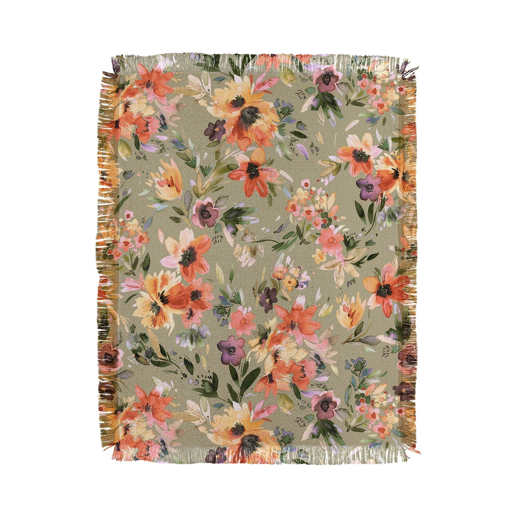 Ninola Design Botanic Retreat Painterly Tropical Flowers Sage Green Throw Blanket