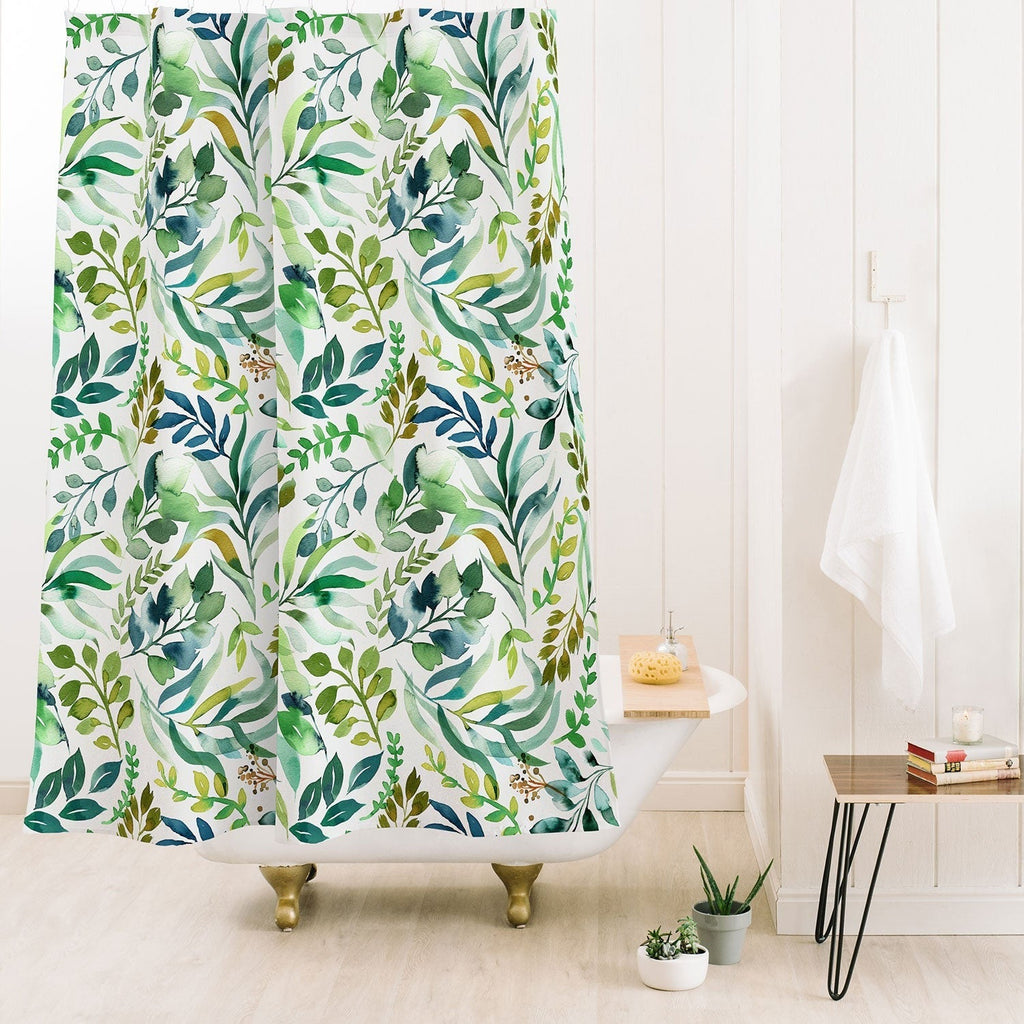 Ninola Design Botanic Retreat Loose Botanical Leaves Watercolor Green Shower Curtain