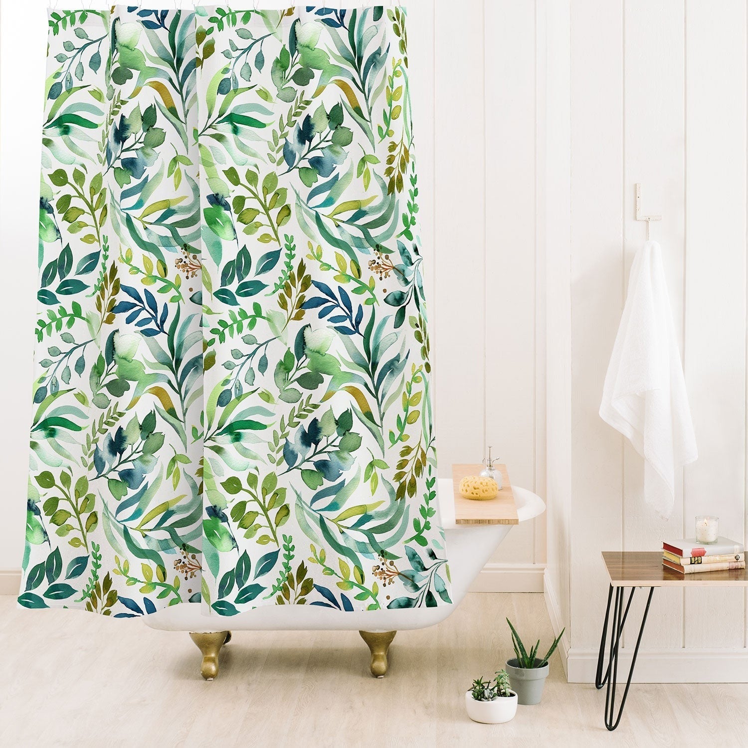 Ninola Design Botanic Retreat Loose Botanical Leaves Watercolor Green Shower Curtain