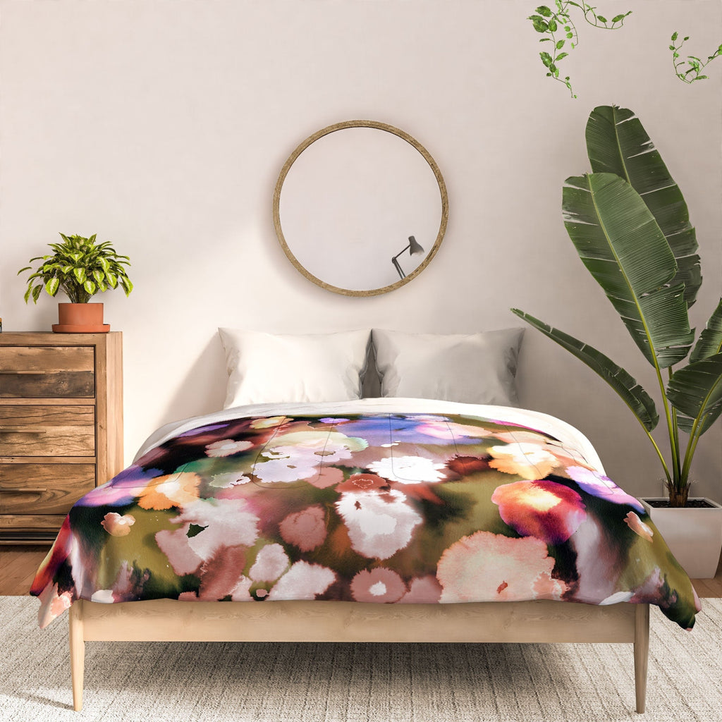 Ninola Design Botanic Retreat Ombre Abstract Watercolor Flowers Pink gold Comforter