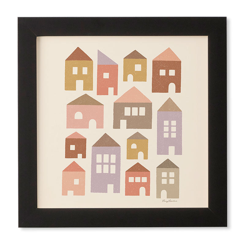 Carey Copeland Happy Houses Earth Tones Framed Wall Art