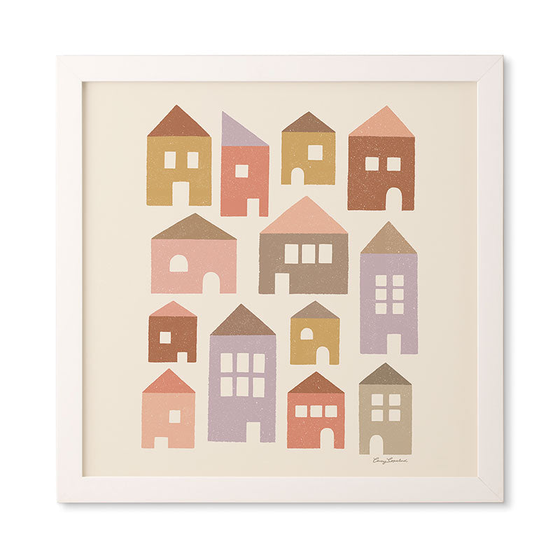 Carey Copeland Happy Houses Earth Tones Framed Wall Art