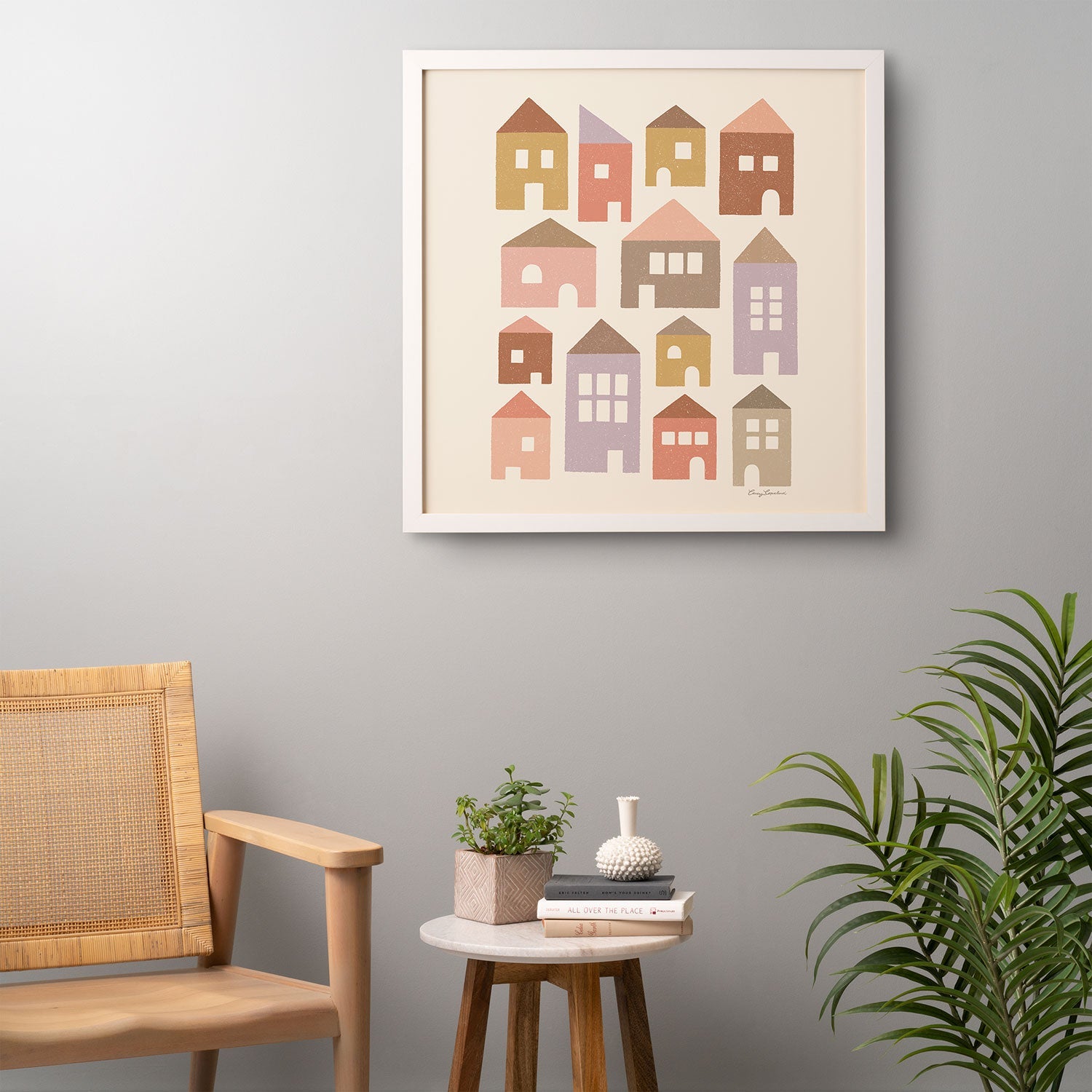 Carey Copeland Happy Houses Earth Tones Framed Wall Art