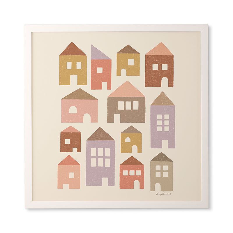 Carey Copeland Happy Houses Earth Tones Framed Wall Art
