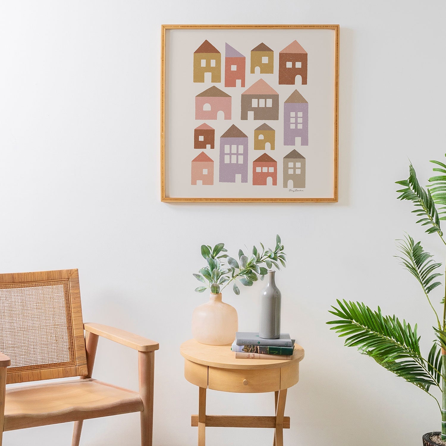 Carey Copeland Happy Houses Earth Tones Framed Wall Art
