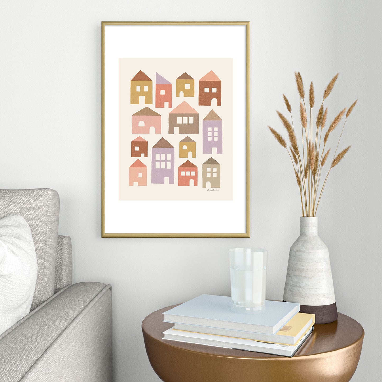 Carey Copeland Happy Houses Earth Tones Metal Framed Art Print