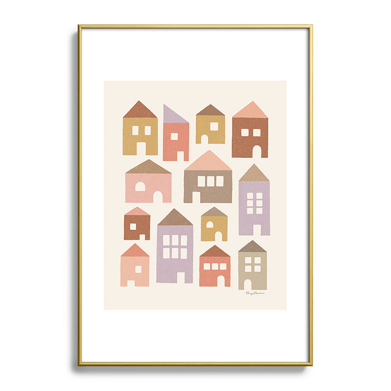 Carey Copeland Happy Houses Earth Tones Metal Framed Art Print