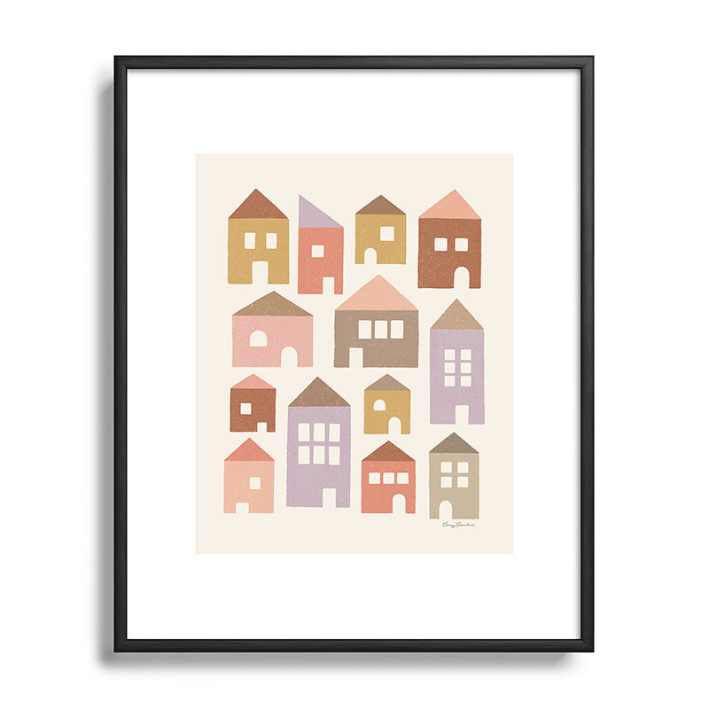 Carey Copeland Happy Houses Earth Tones Metal Framed Art Print