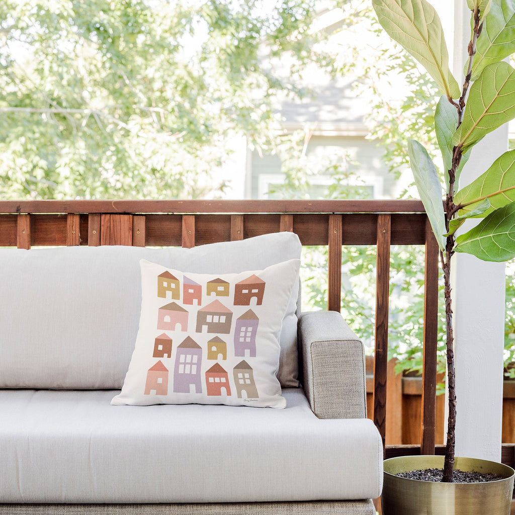 Carey Copeland Happy Houses Earth Tones Outdoor Throw Pillow