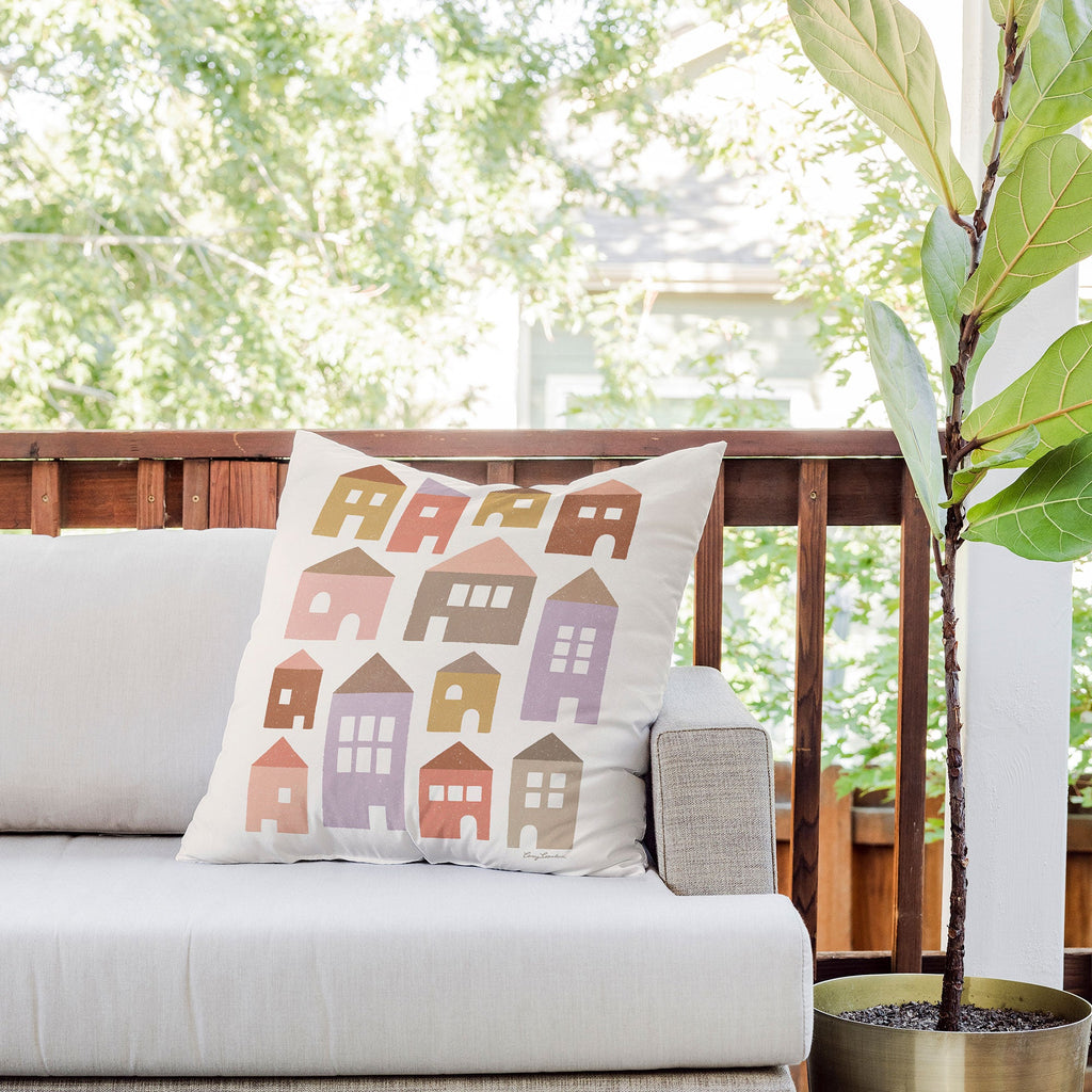 Carey Copeland Happy Houses Earth Tones Outdoor Throw Pillow