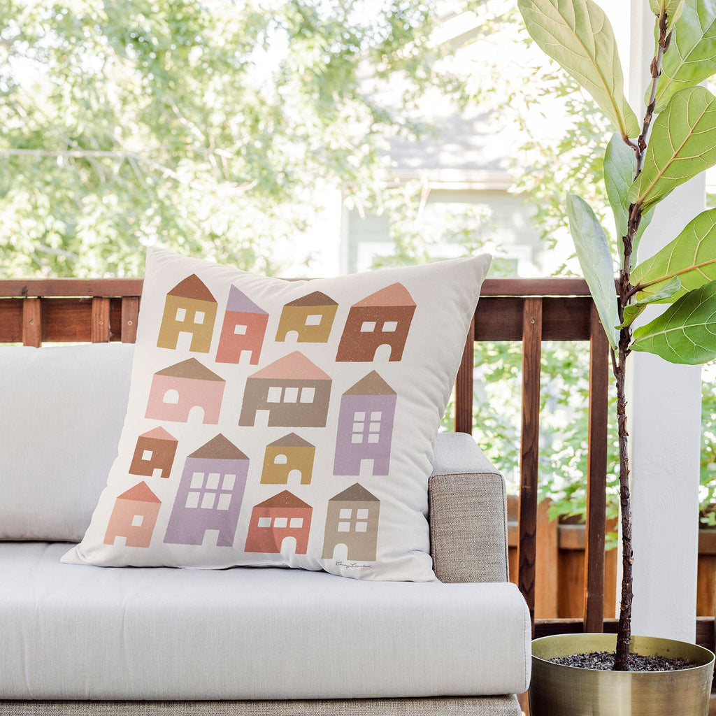 Carey Copeland Happy Houses Earth Tones Outdoor Throw Pillow