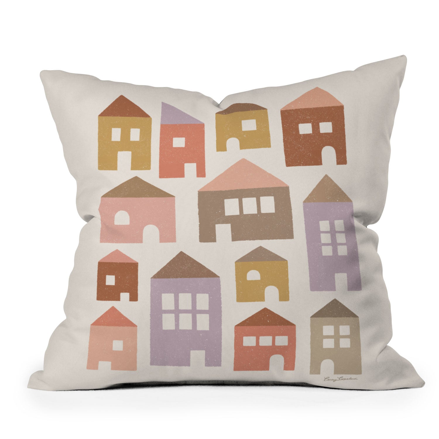 Carey Copeland Happy Houses Earth Tones Outdoor Throw Pillow