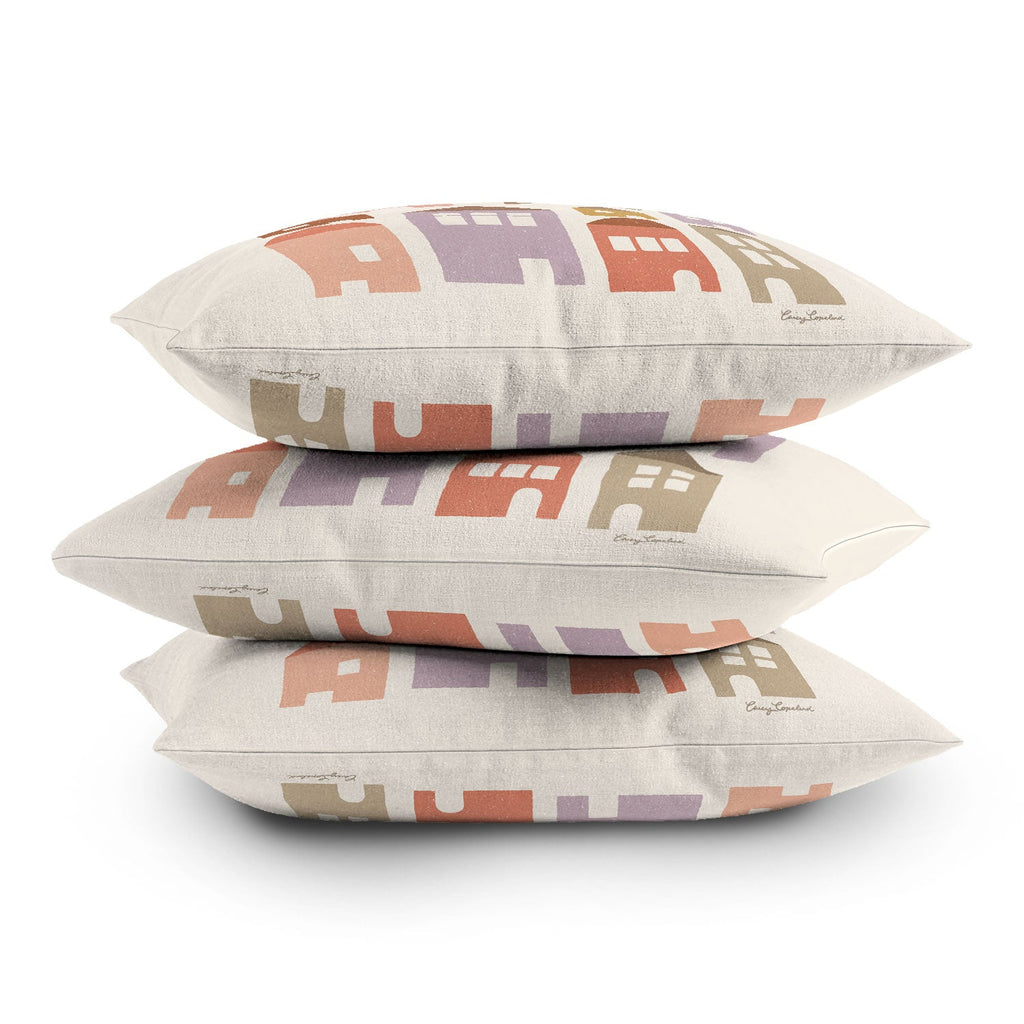 Carey Copeland Happy Houses Earth Tones Outdoor Throw Pillow
