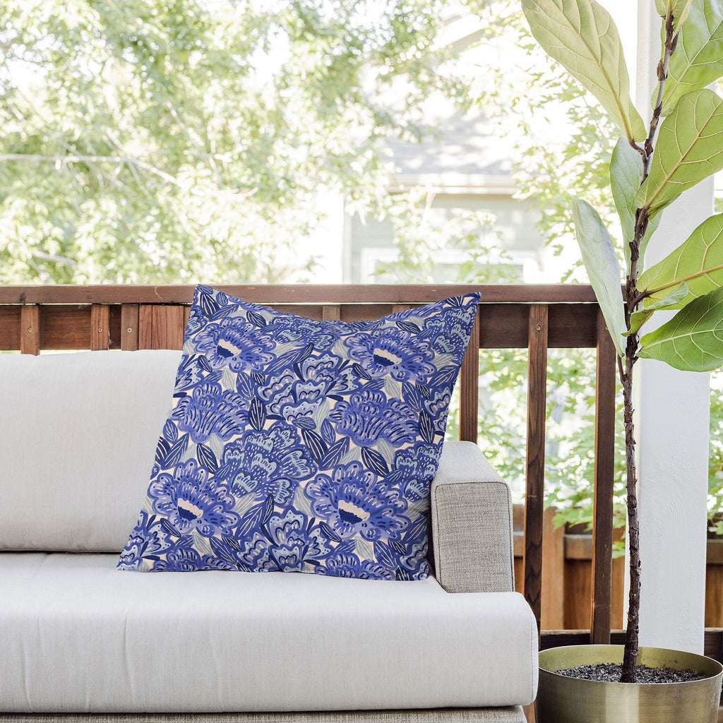 carriecantwell French Country Blue Floral Outdoor Throw Pillow