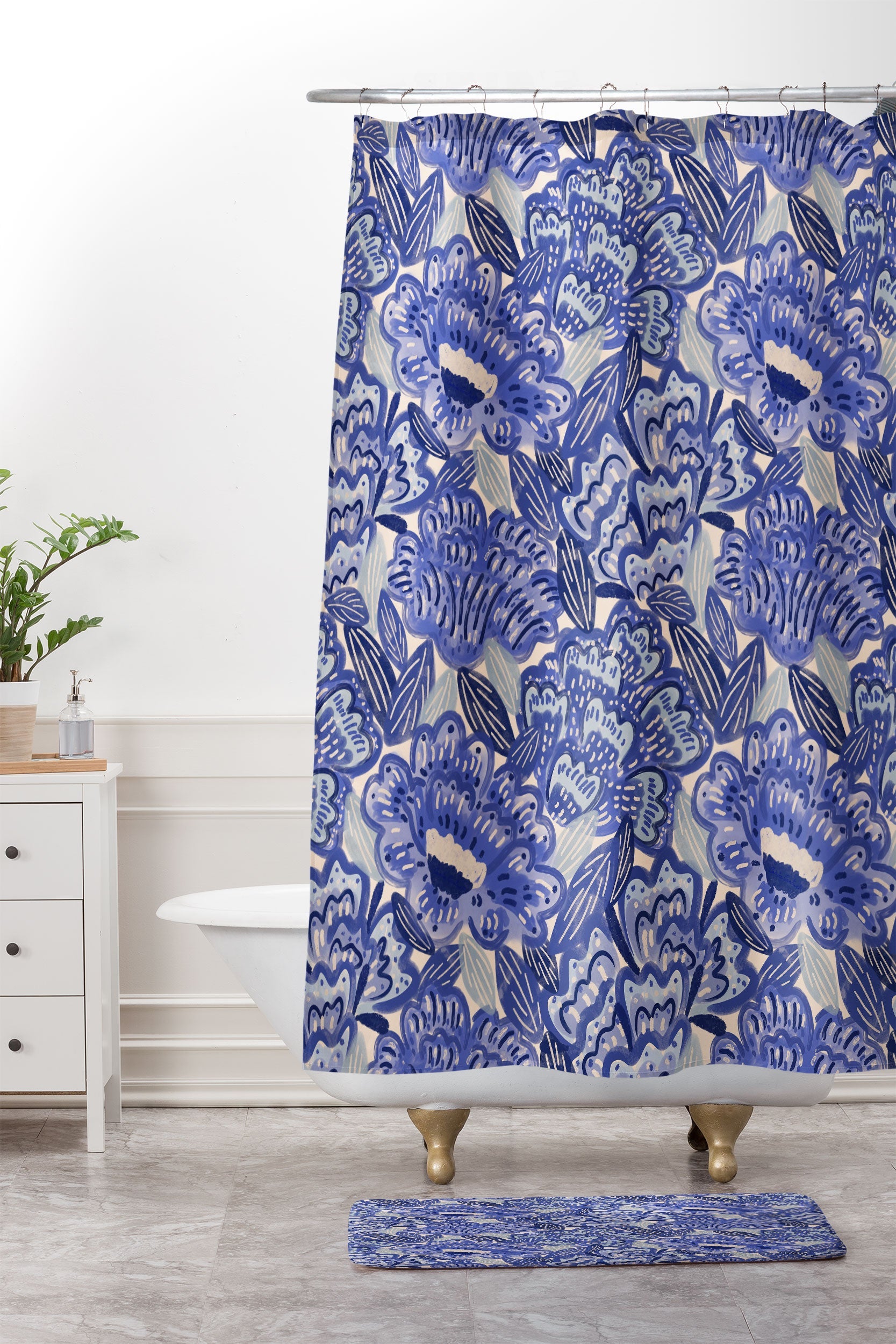 carriecantwell French Country Blue Floral Shower Curtain And Mat