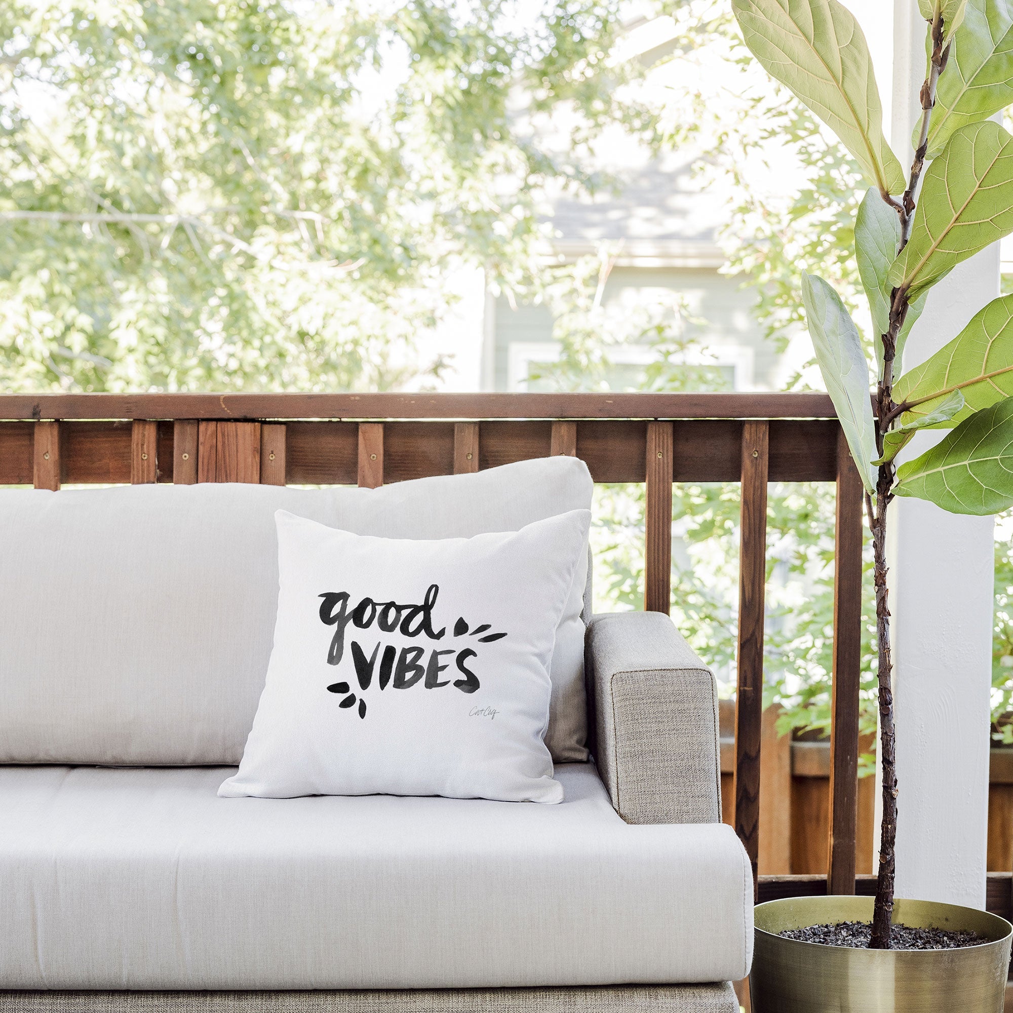 Cat Coquillette Good Vibes Black Ink Outdoor Throw Pillow