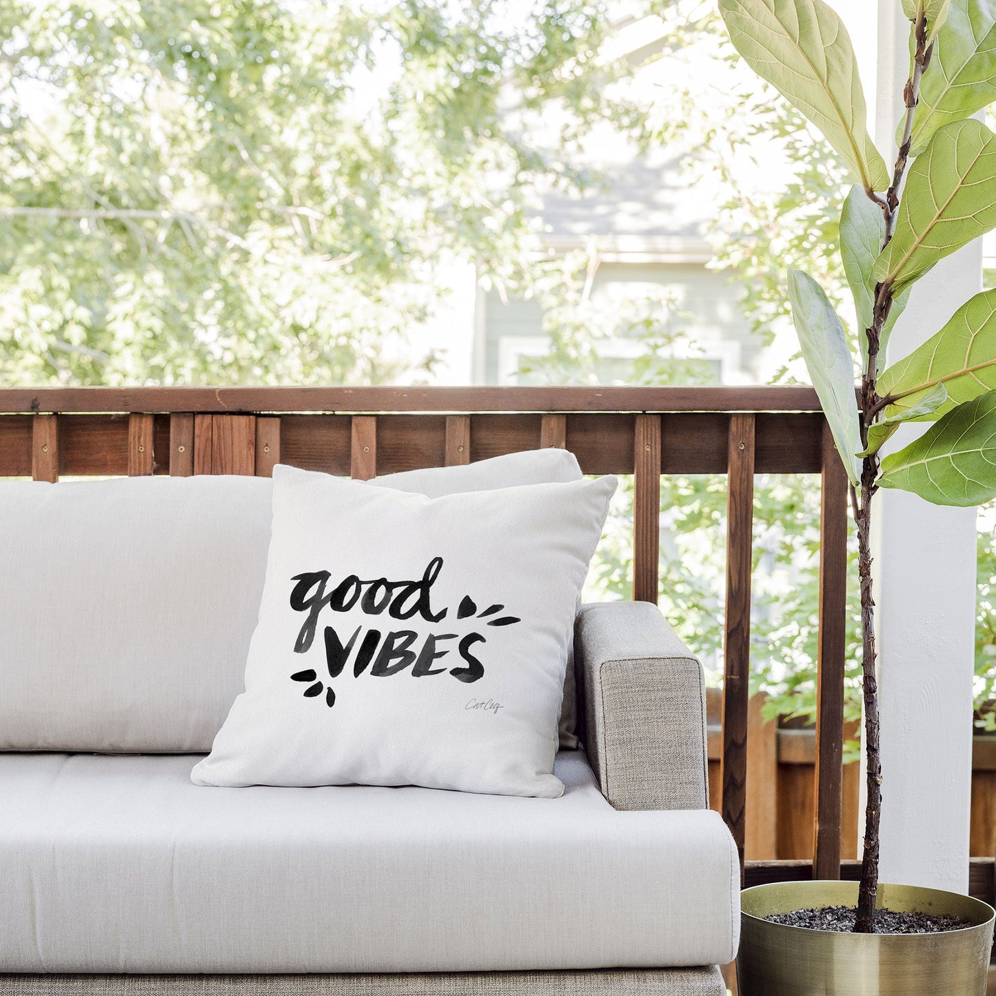 Cat Coquillette Good Vibes Black Ink Outdoor Throw Pillow