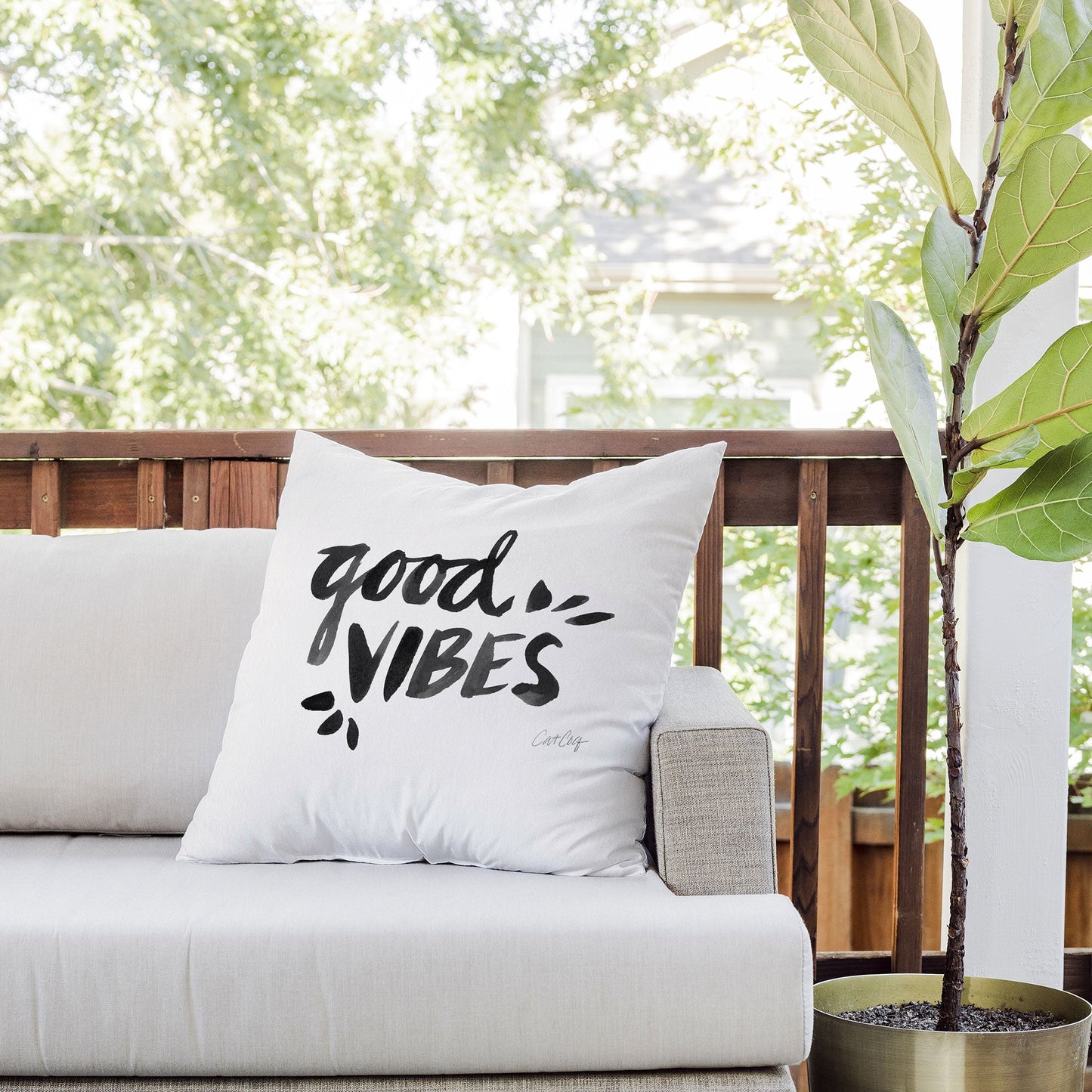 Cat Coquillette Good Vibes Black Ink Outdoor Throw Pillow