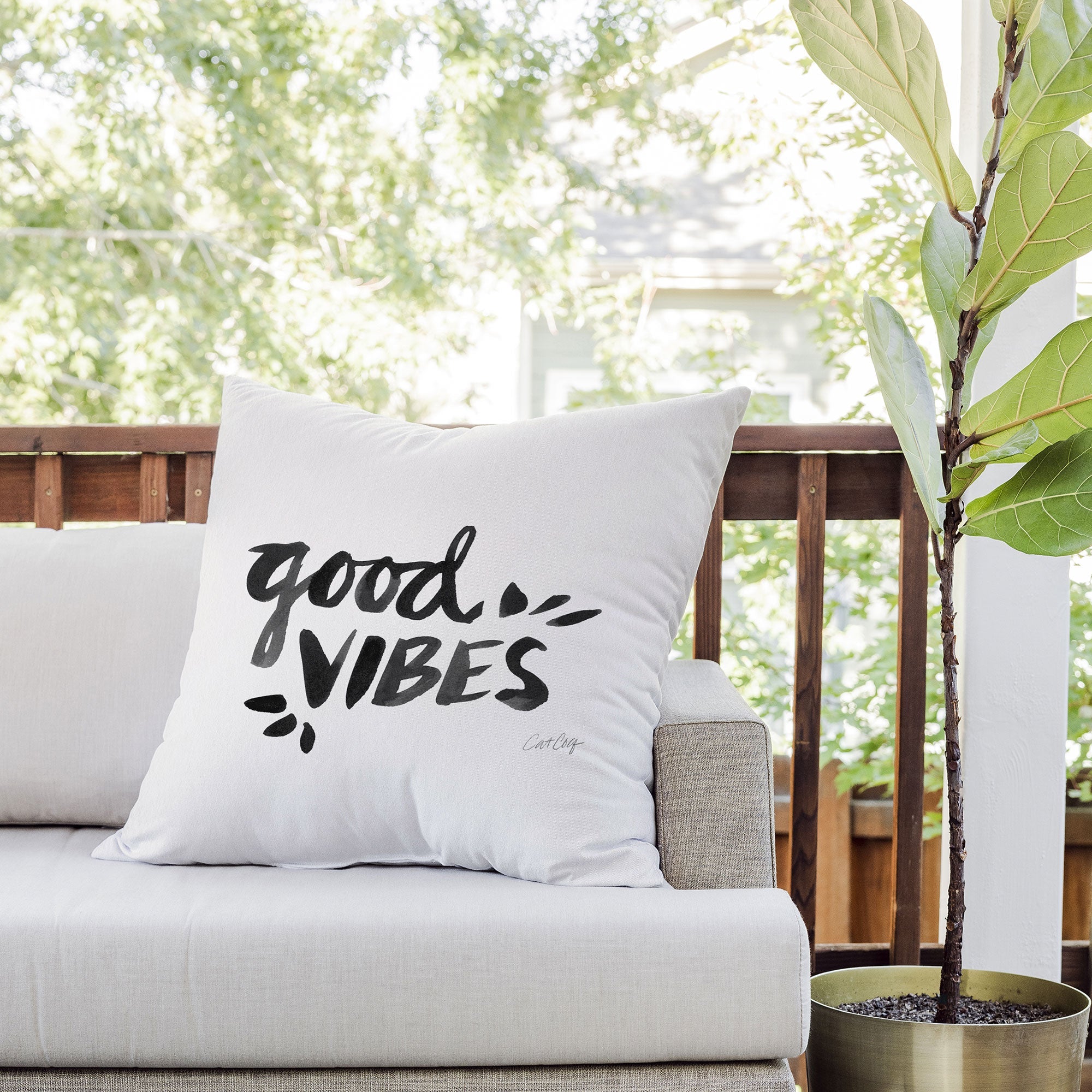 Cat Coquillette Good Vibes Black Ink Outdoor Throw Pillow