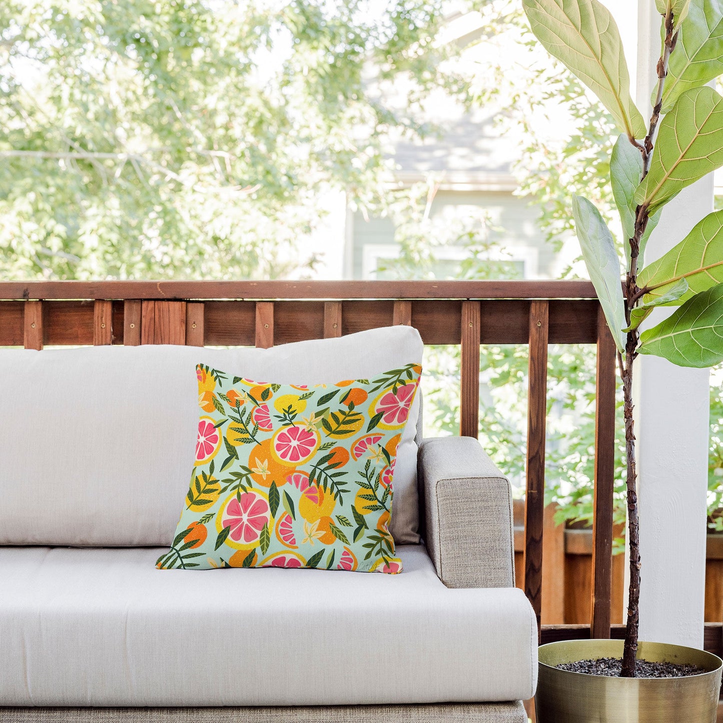 Cat Coquillette Grapefruit Blooms Mint Palette Outdoor Throw Pillow