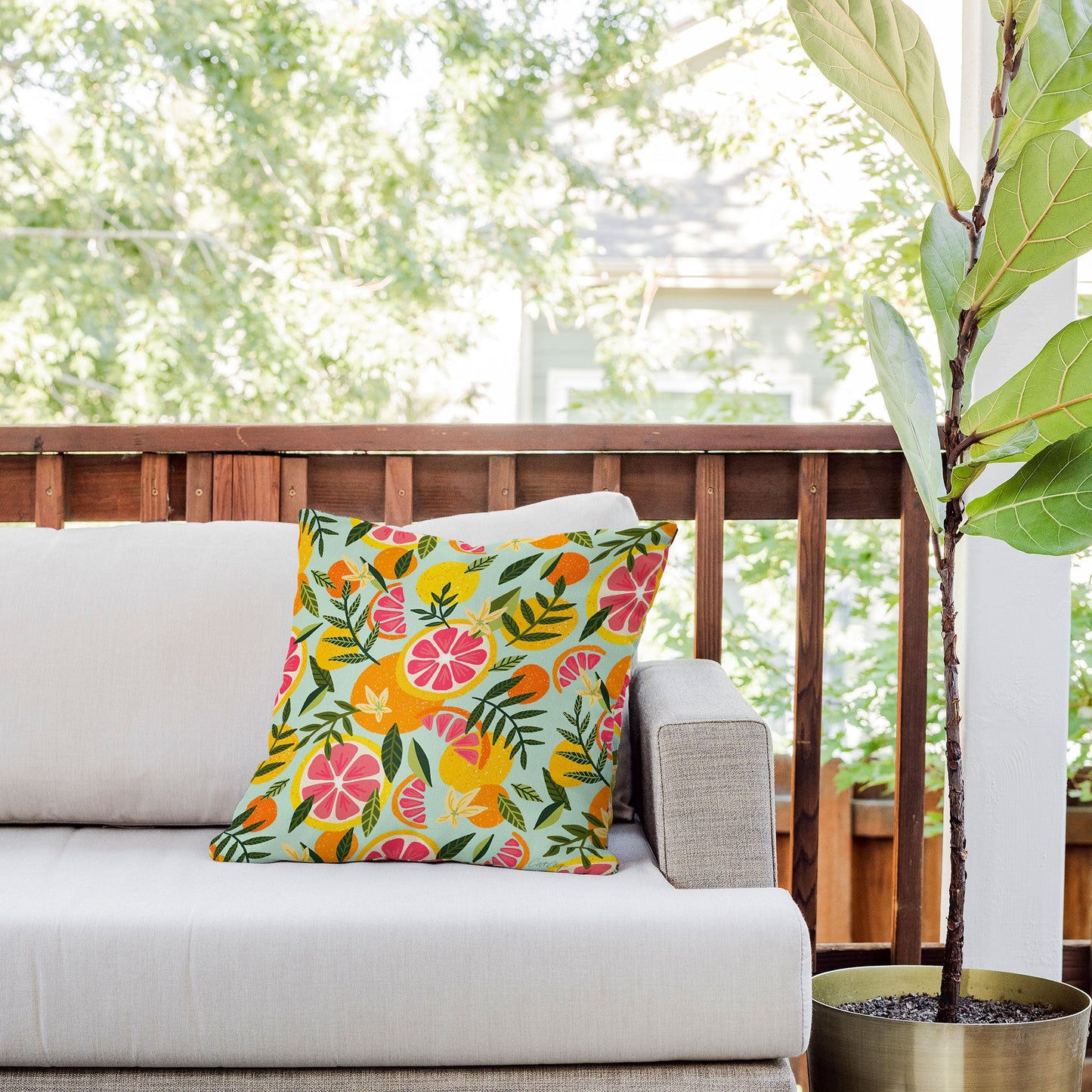 Cat Coquillette Grapefruit Blooms Mint Palette Outdoor Throw Pillow