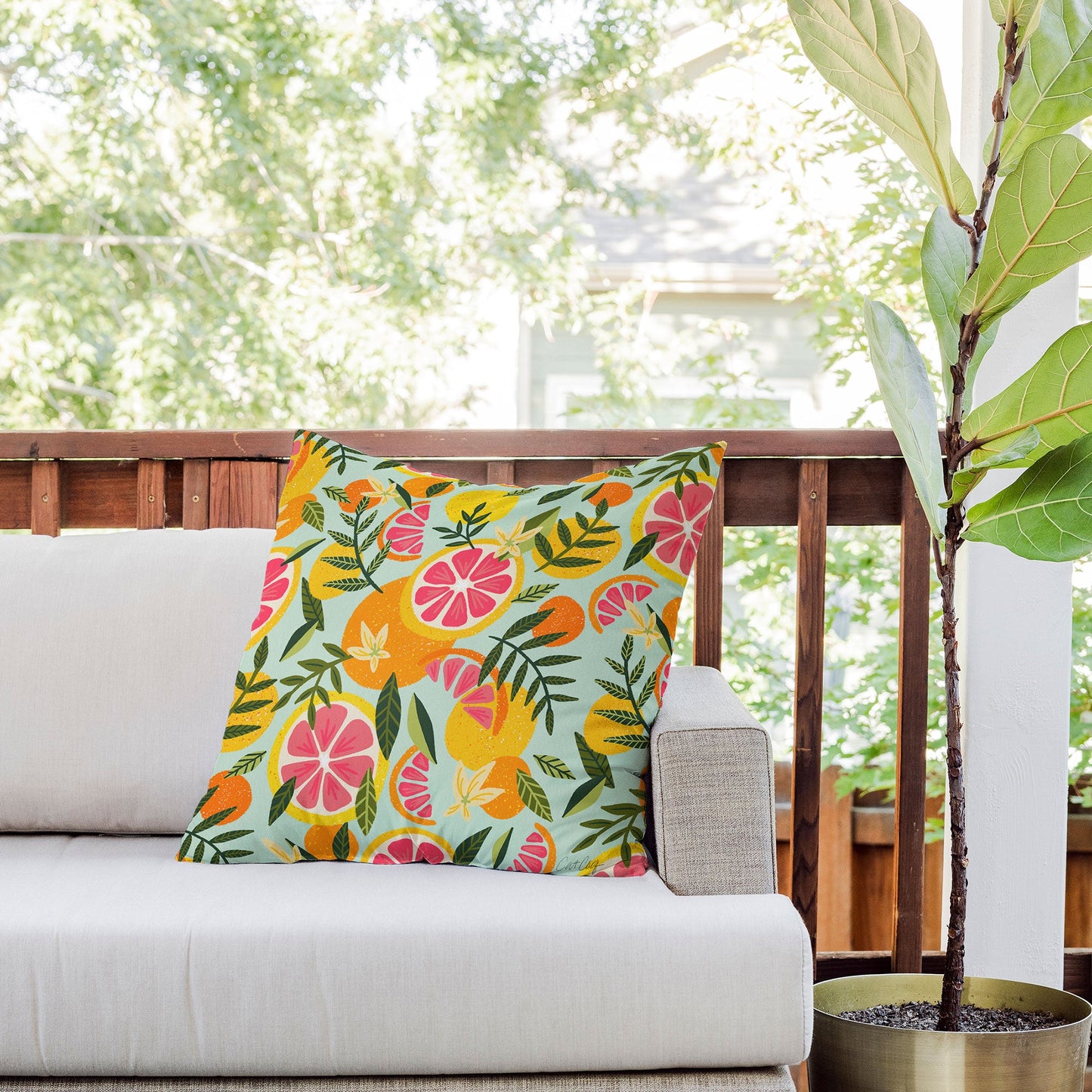Cat Coquillette Grapefruit Blooms Mint Palette Outdoor Throw Pillow