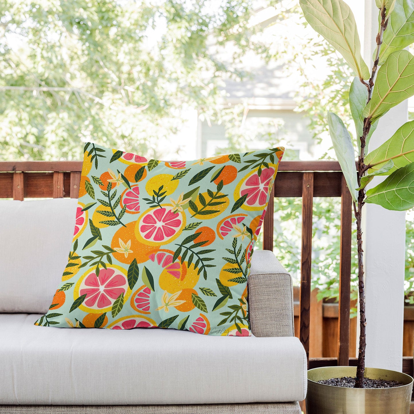Cat Coquillette Grapefruit Blooms Mint Palette Outdoor Throw Pillow