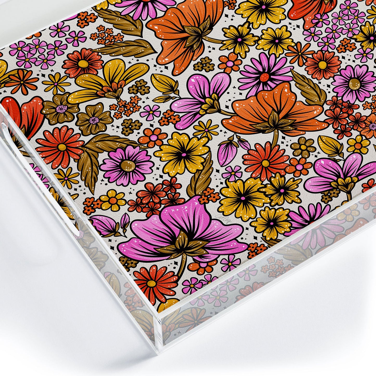 Cat Coquillette Retro Flower Power Pink Red Acrylic Tray