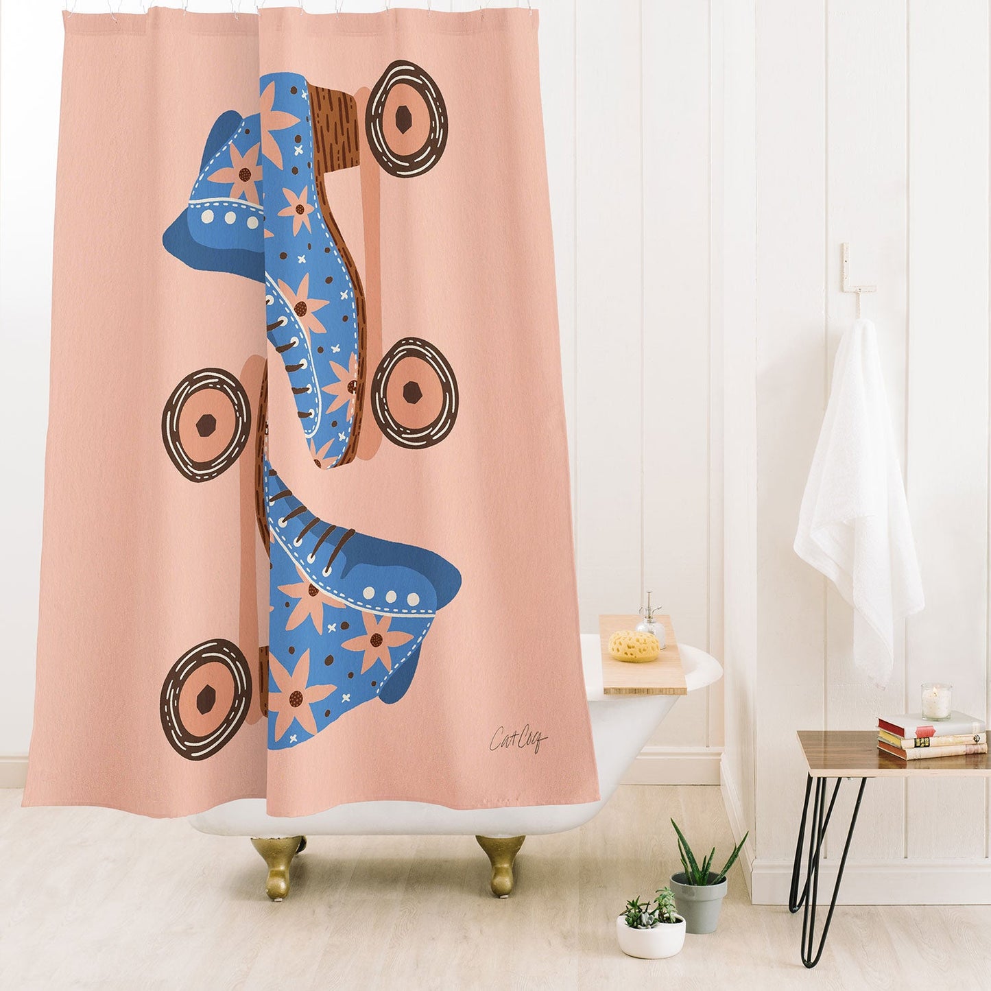 Cat Coquillette Retro Roller Skates Blue Shower Curtain