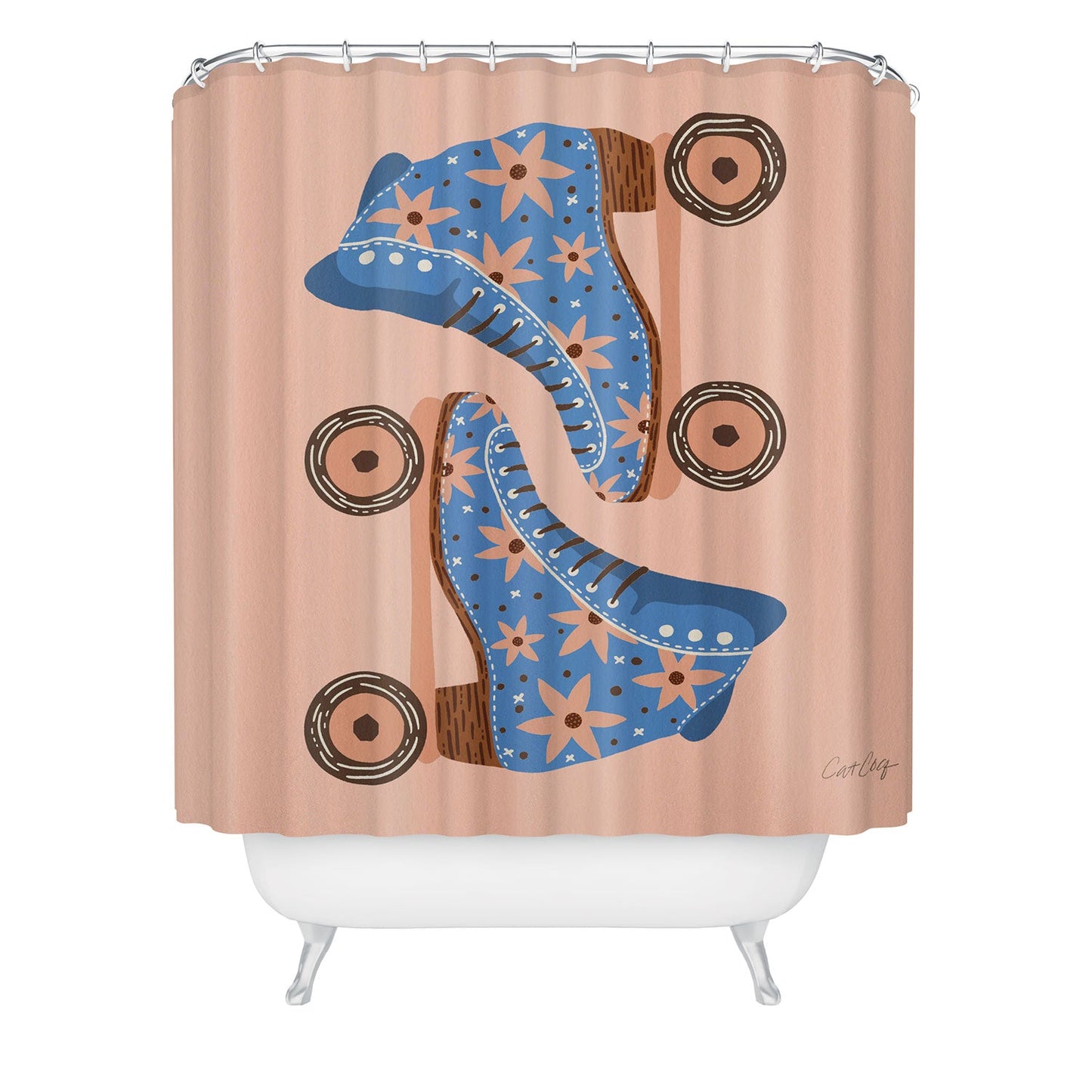 Cat Coquillette Retro Roller Skates Blue Shower Curtain