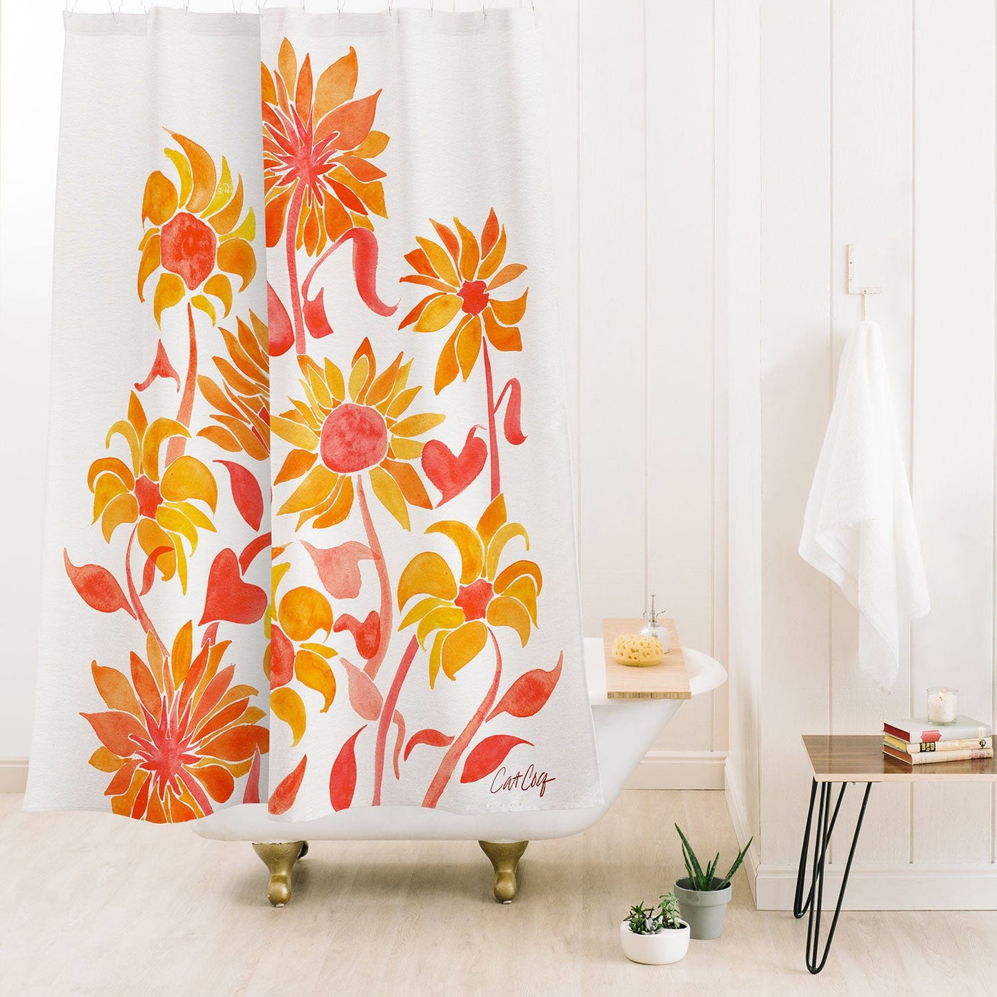 Cat Coquillette Sunflower Watercolor Fiery Palette Shower Curtain