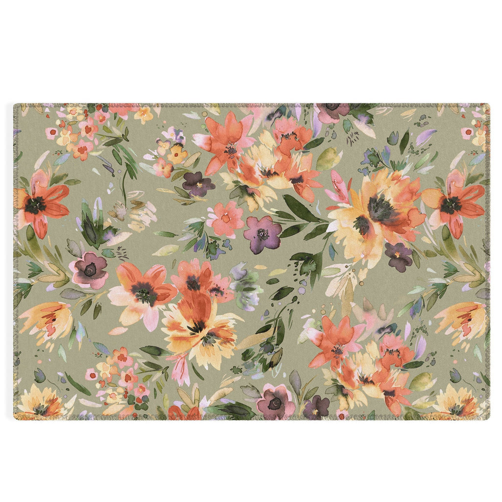Ninola Design Botanic Retreat Painterly Tropical Flowers Sage Green Outdoor Rug
