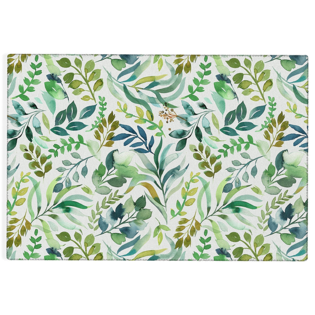 Ninola Design Botanic Retreat Loose Botanical Leaves Watercolor Green Outdoor Rug
