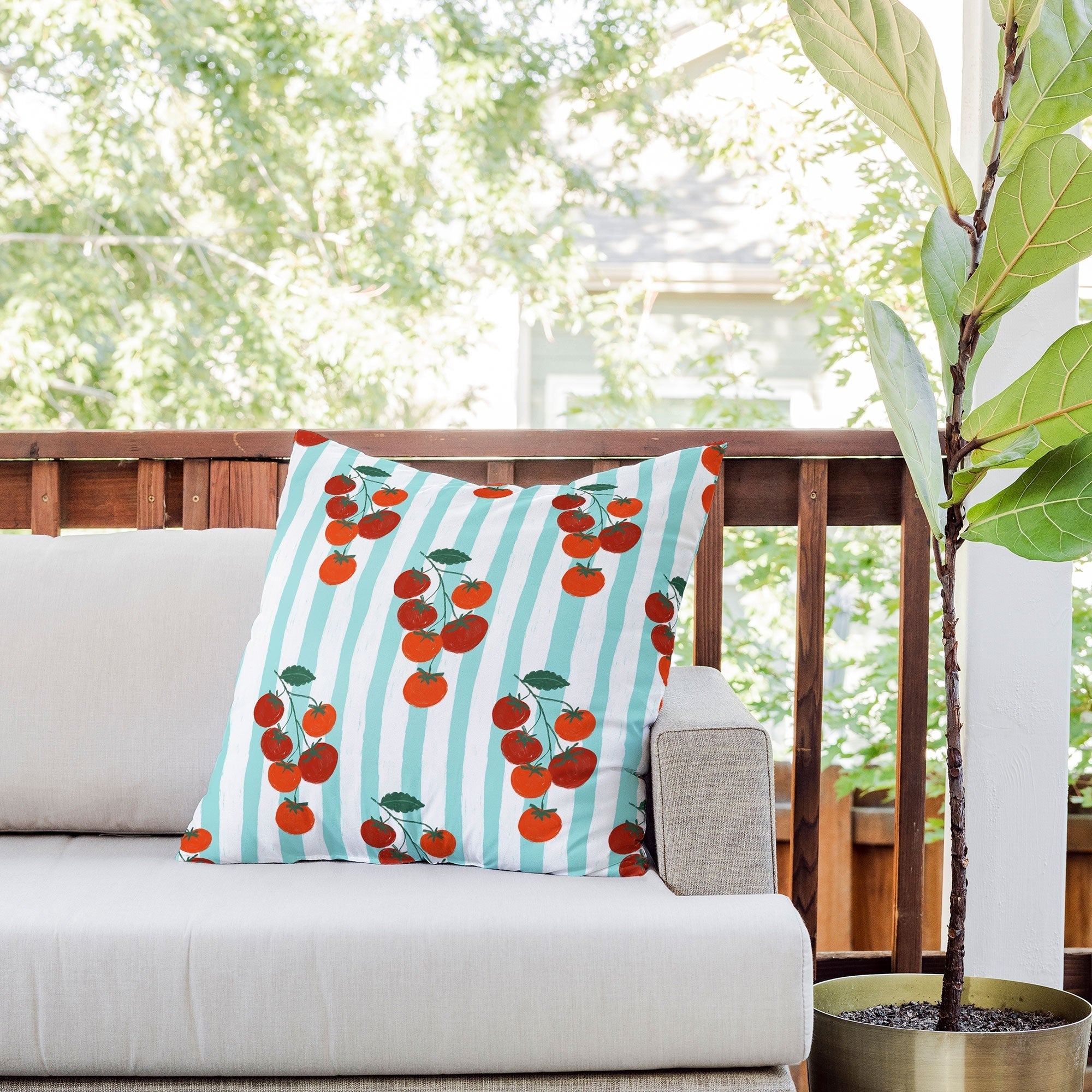 Design by Spark Zesty Tomatoes and Stripes Outdoor Throw Pillow