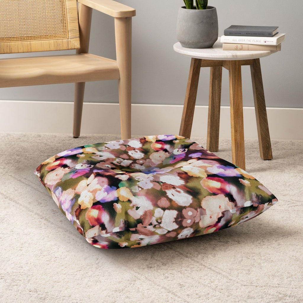 Ninola Design Botanic Retreat Ombre Abstract Watercolor Flowers Pink gold Floor Pillow Square