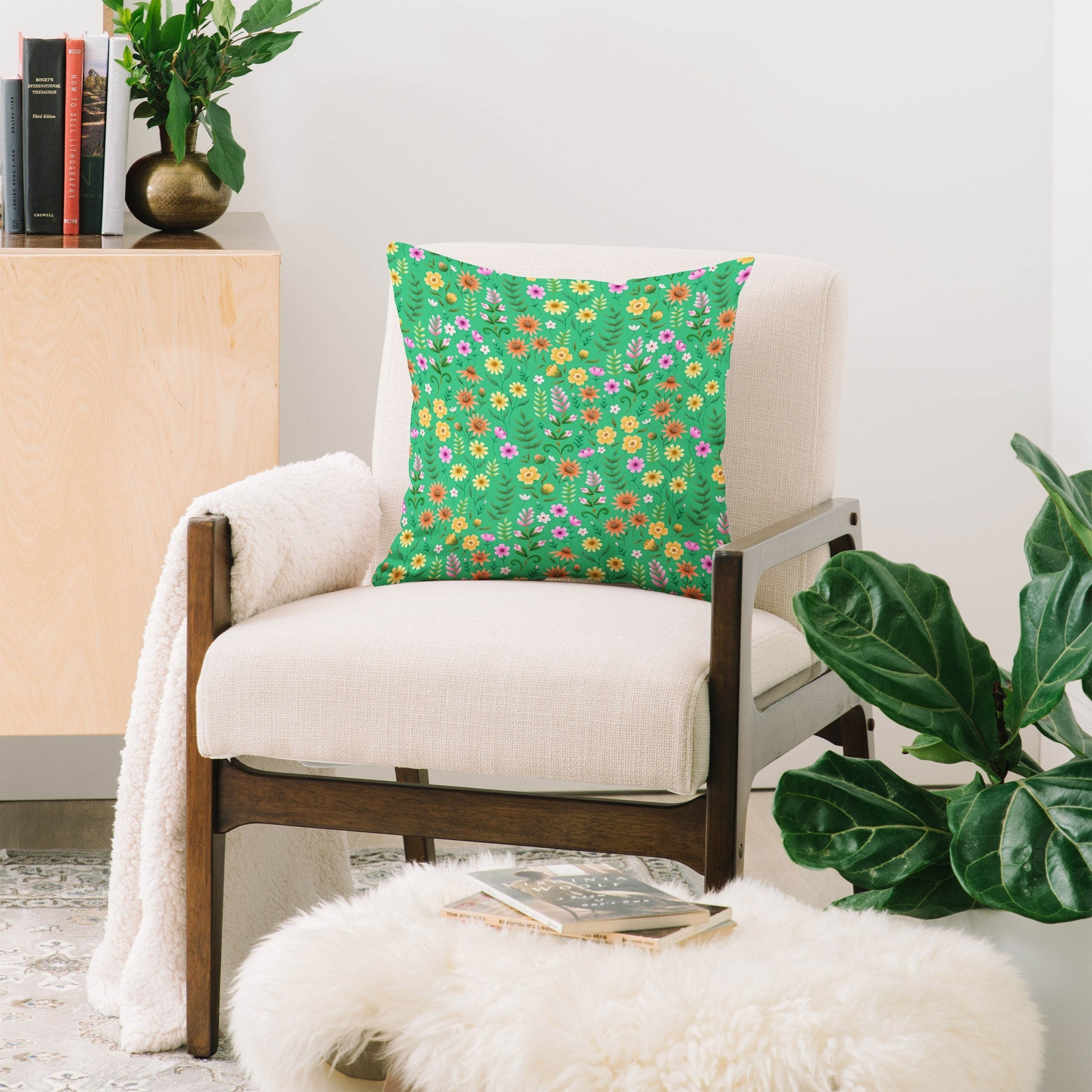 Pimlada Phuapradit Ditsy Spring Floral Green Throw Pillow