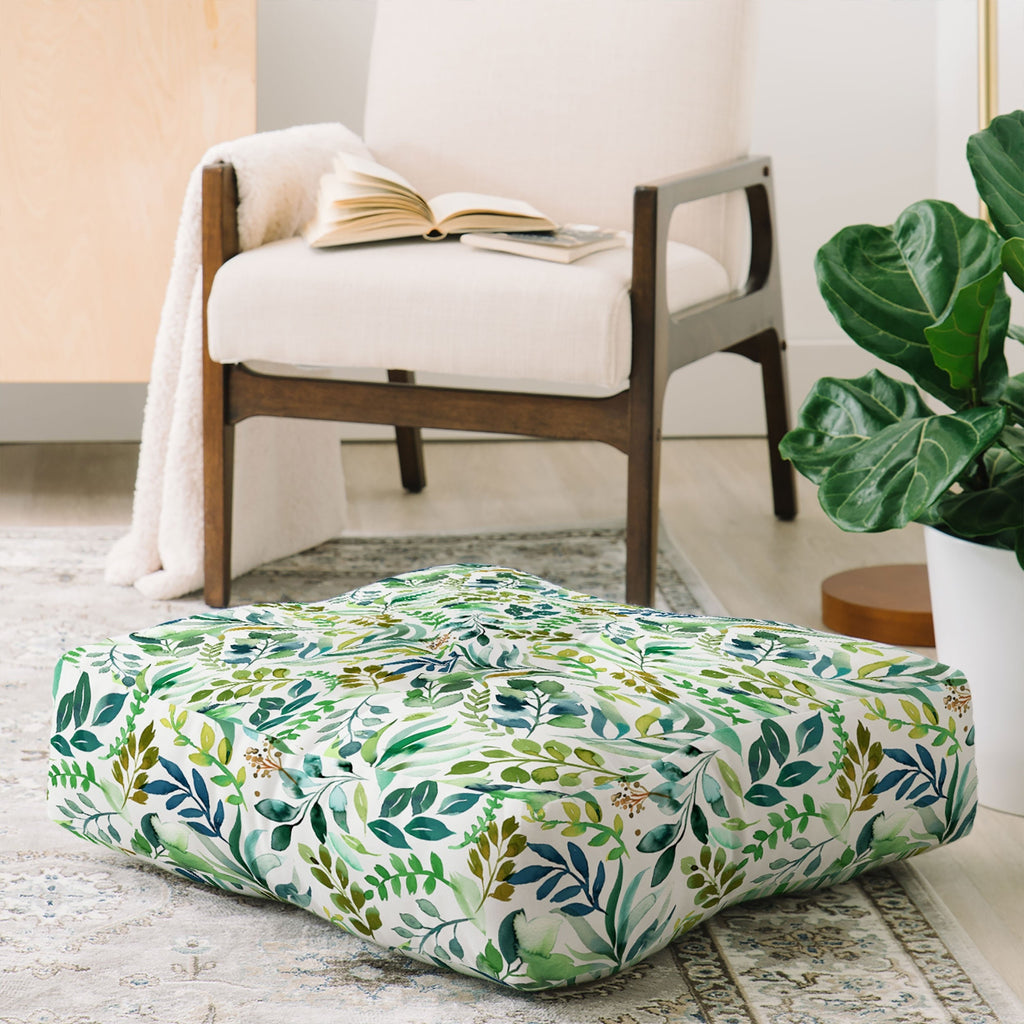 Ninola Design Botanic Retreat Loose Botanical Leaves Watercolor Green Floor Pillow Square