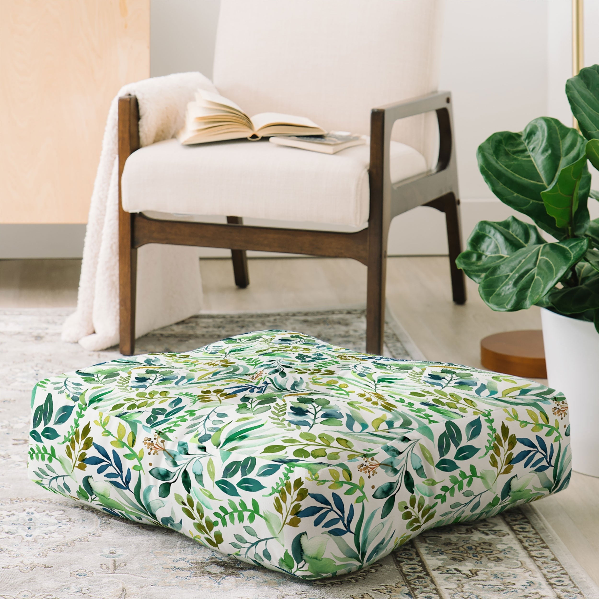 Ninola Design Botanic Retreat Loose Botanical Leaves Watercolor Green Floor Pillow Square