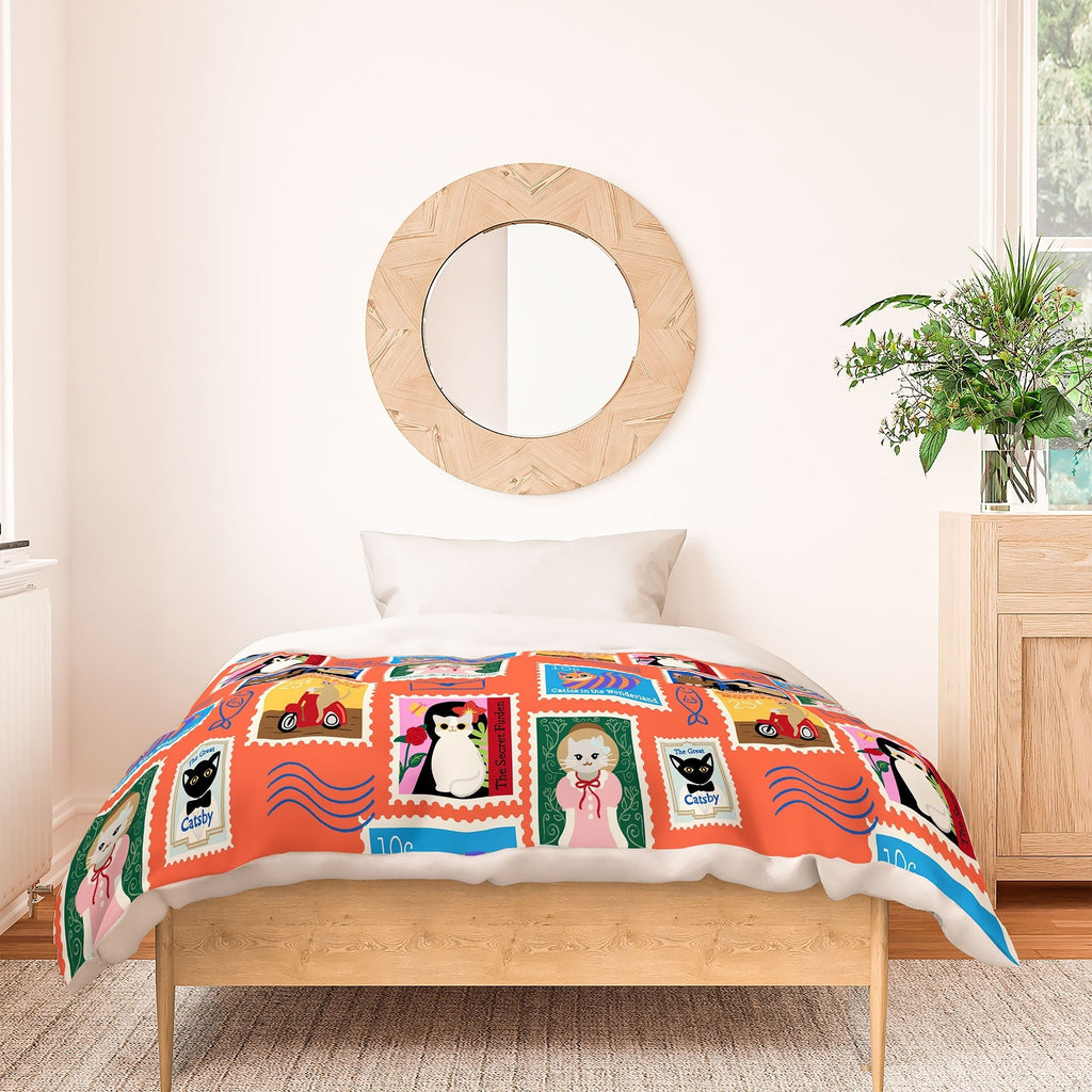 Design by Spark Classic Book Cat Stamps Duvet Cover
