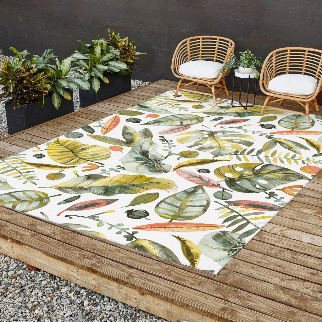 Ninola Design Botanic Retreat Tropical Jungle Leaves Botanical Green Orange Outdoor Rug