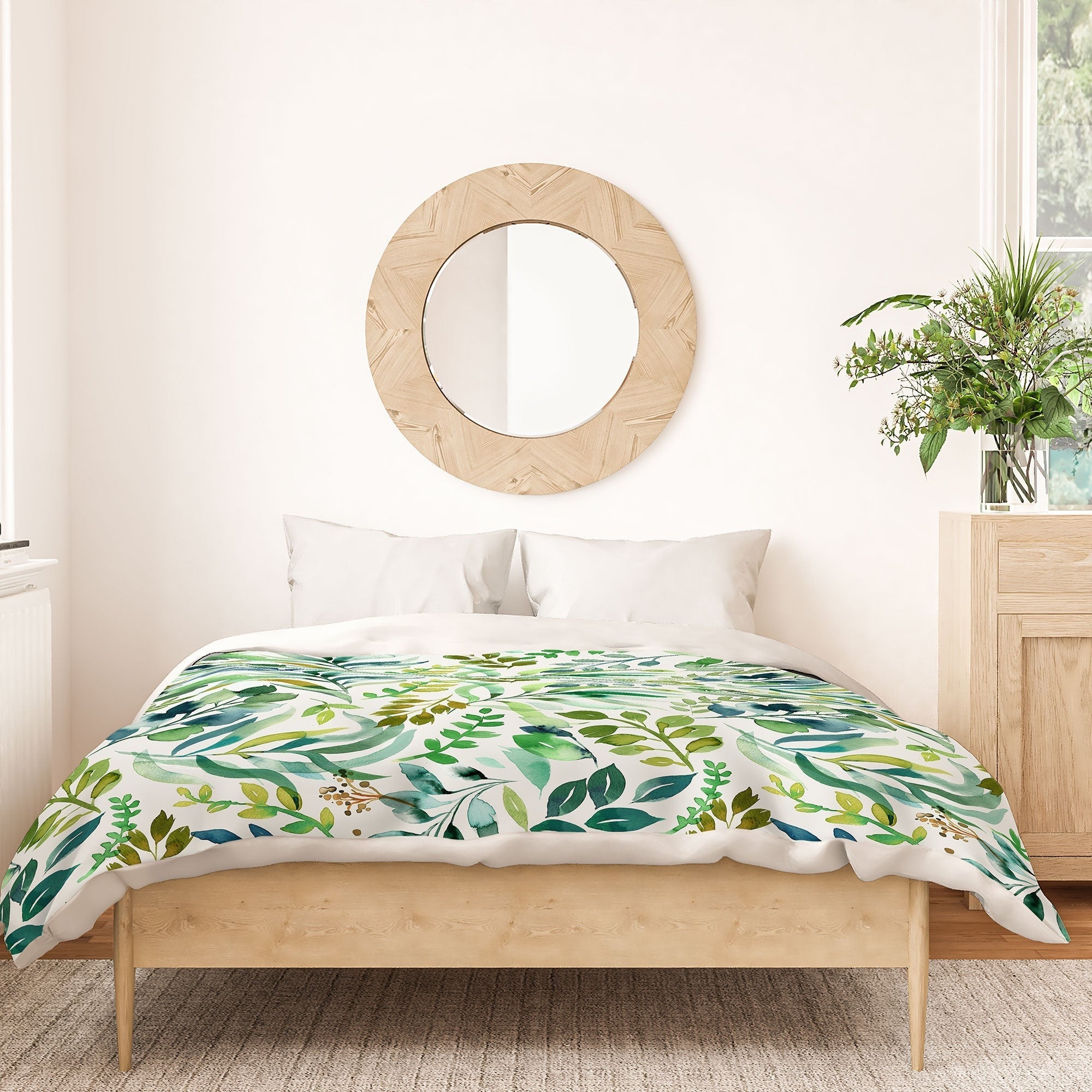 Ninola Design Botanic Retreat Loose Botanical Leaves Watercolor Green Duvet Cover