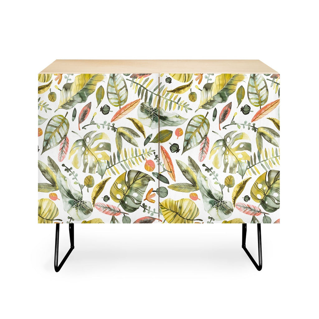Ninola Design Botanic Retreat Tropical Jungle Leaves Botanical Green Orange Credenza