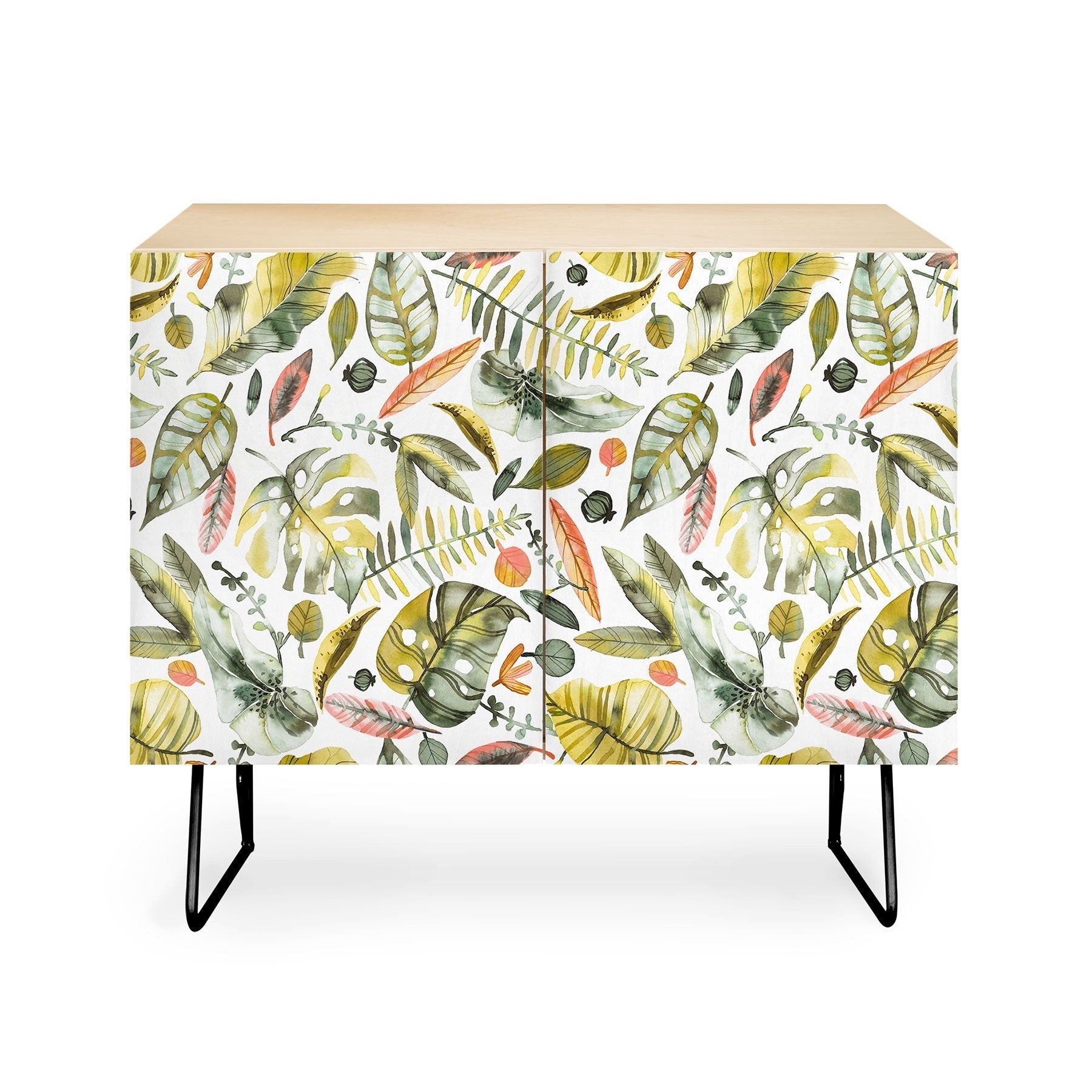 Ninola Design Botanic Retreat Tropical Jungle Leaves Botanical Green Orange Credenza