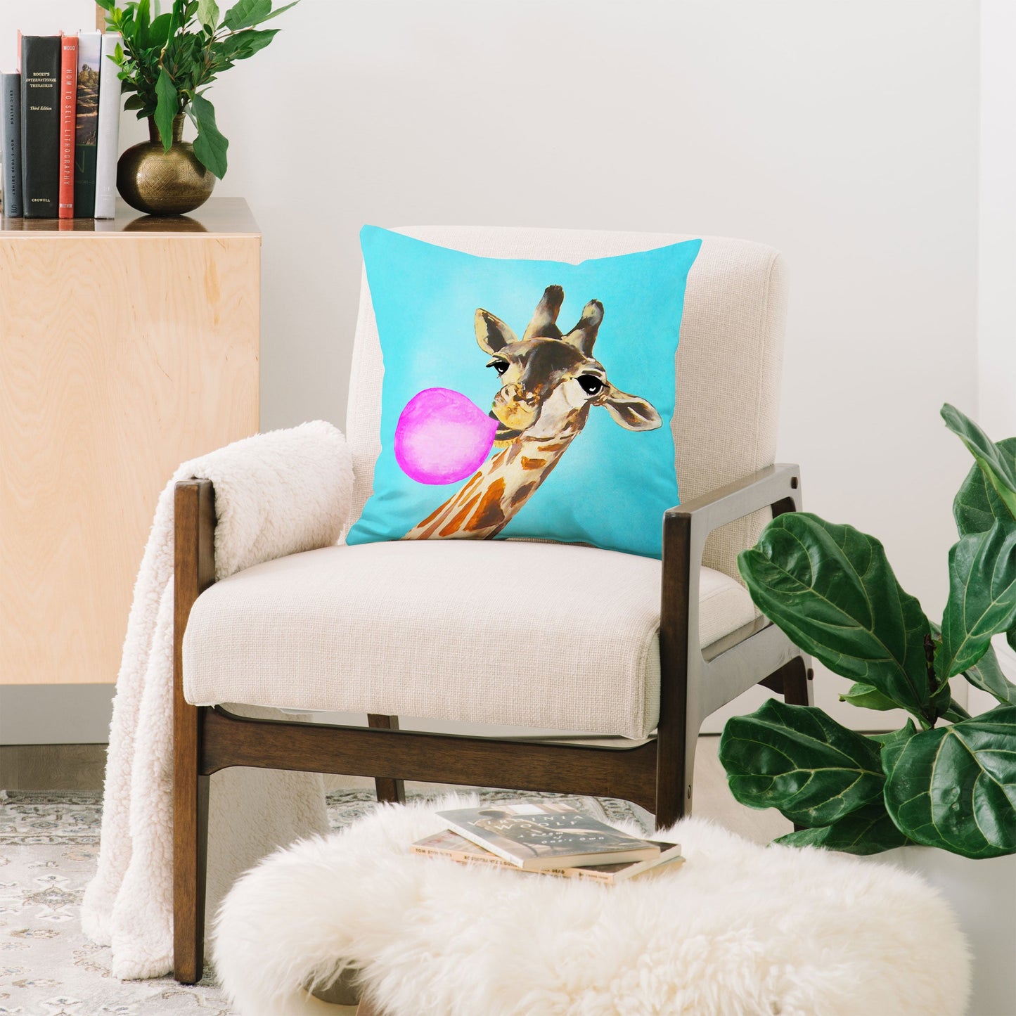 Coco de Paris Giraffe blowing bubblegum Throw Pillow