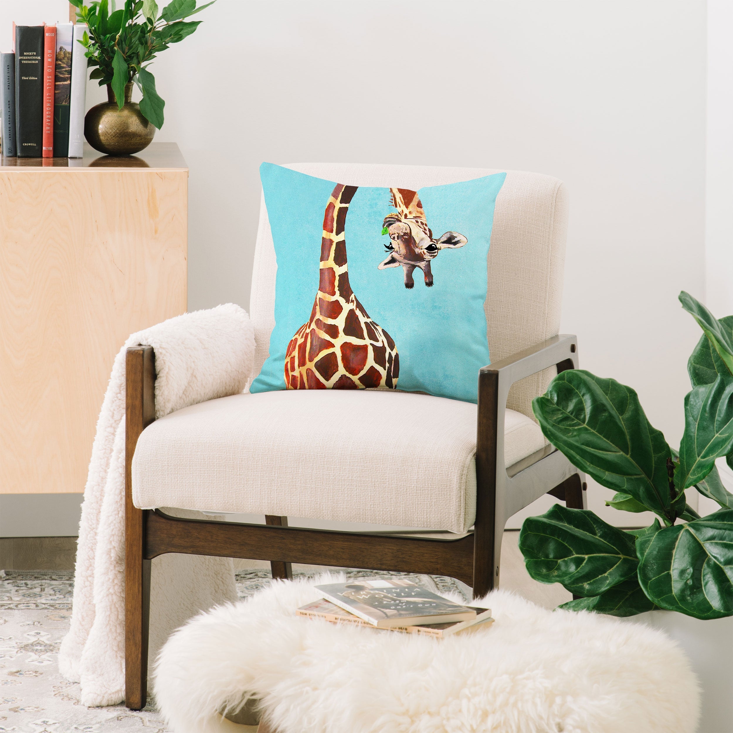 Coco de Paris Giraffe with green leaf Throw Pillow