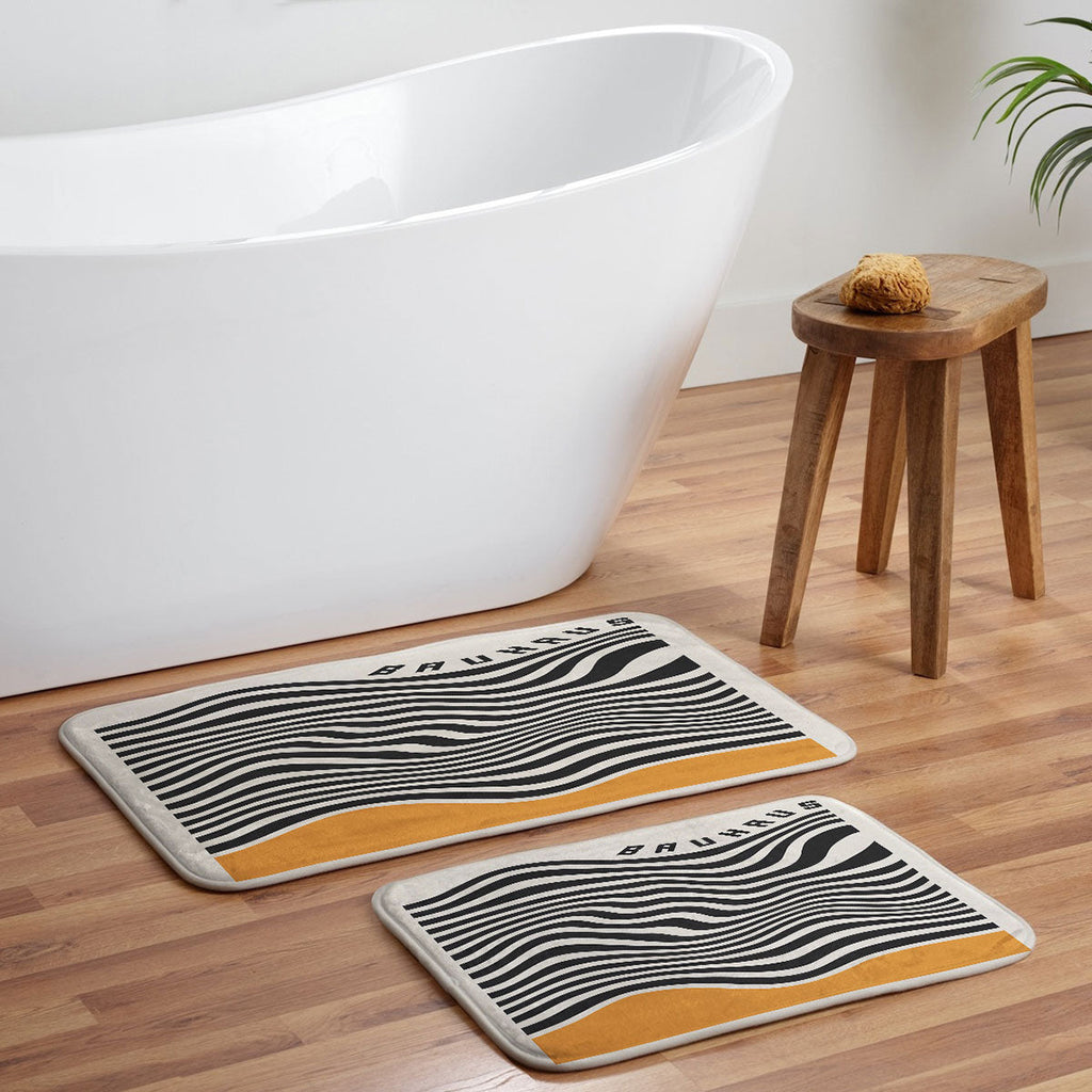 Cocoon Design Bauhaus Wavy Lines and Yellow Memory Foam Bath Mat