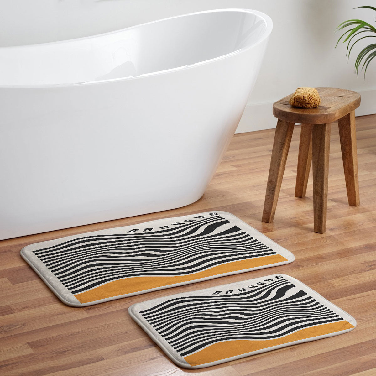 Cocoon Design Bauhaus Wavy Lines and Yellow Memory Foam Bath Mat